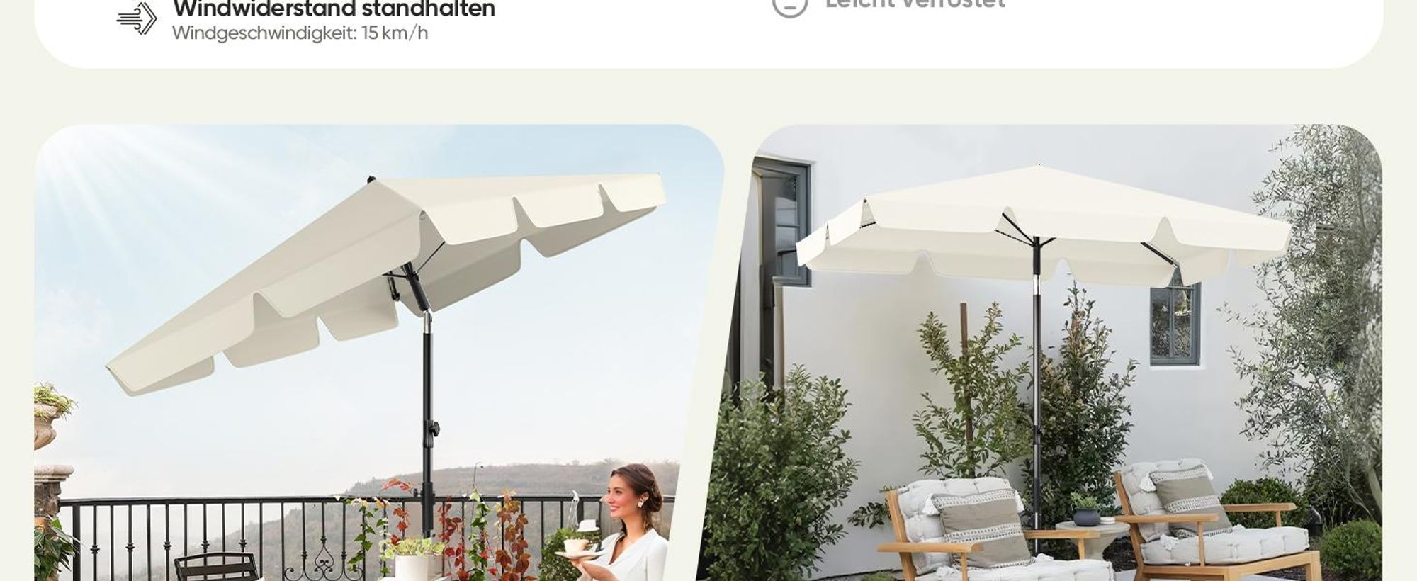 Sekey Sonnenschirm 200 x 125 cm Rechteckig Balkonschirm mit Balkonklammer und Schutzhülle, Neigbar, UV50+ Schutz, Hellbeige