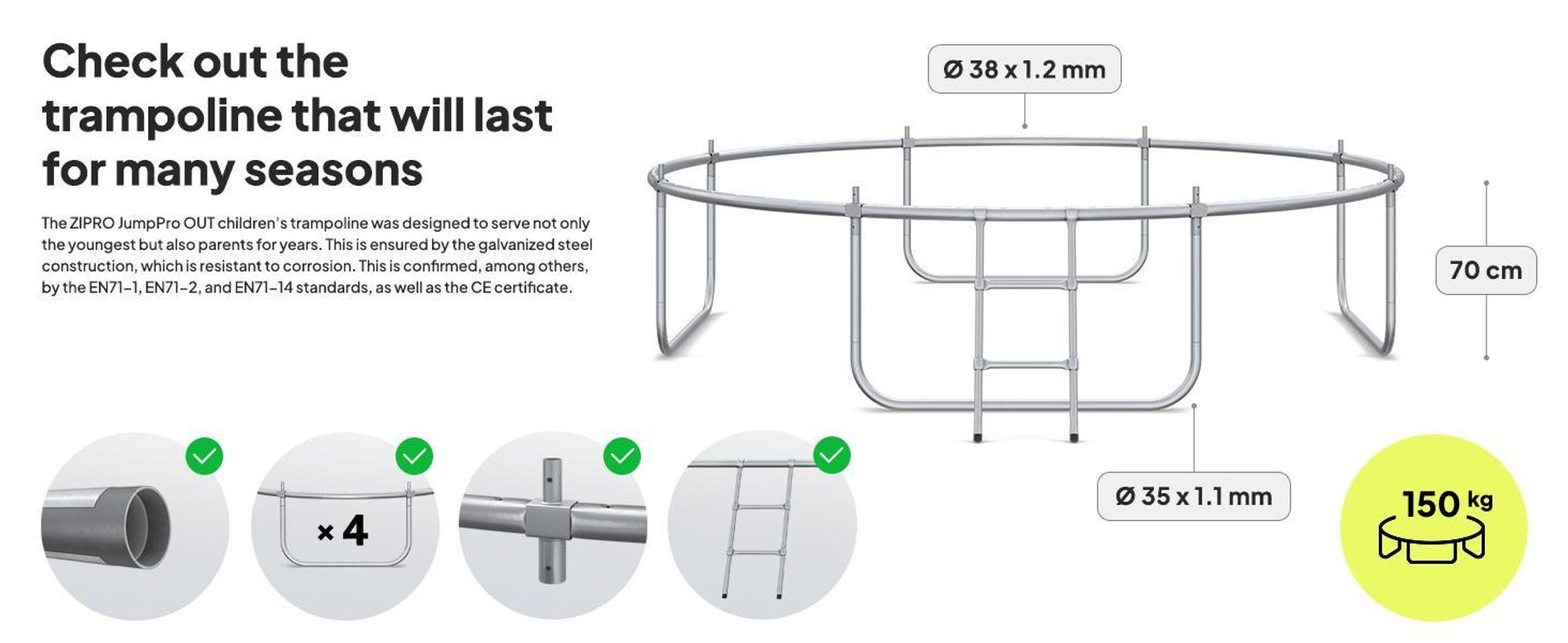 ZIPRO Trampolína Jump Pro Premium | 10FT Ø 312 cm | Zahradní trampolína Dětská trampolína Kompletní sada včetně sítě, žebříku a krytu okraje, venkovní, zelená