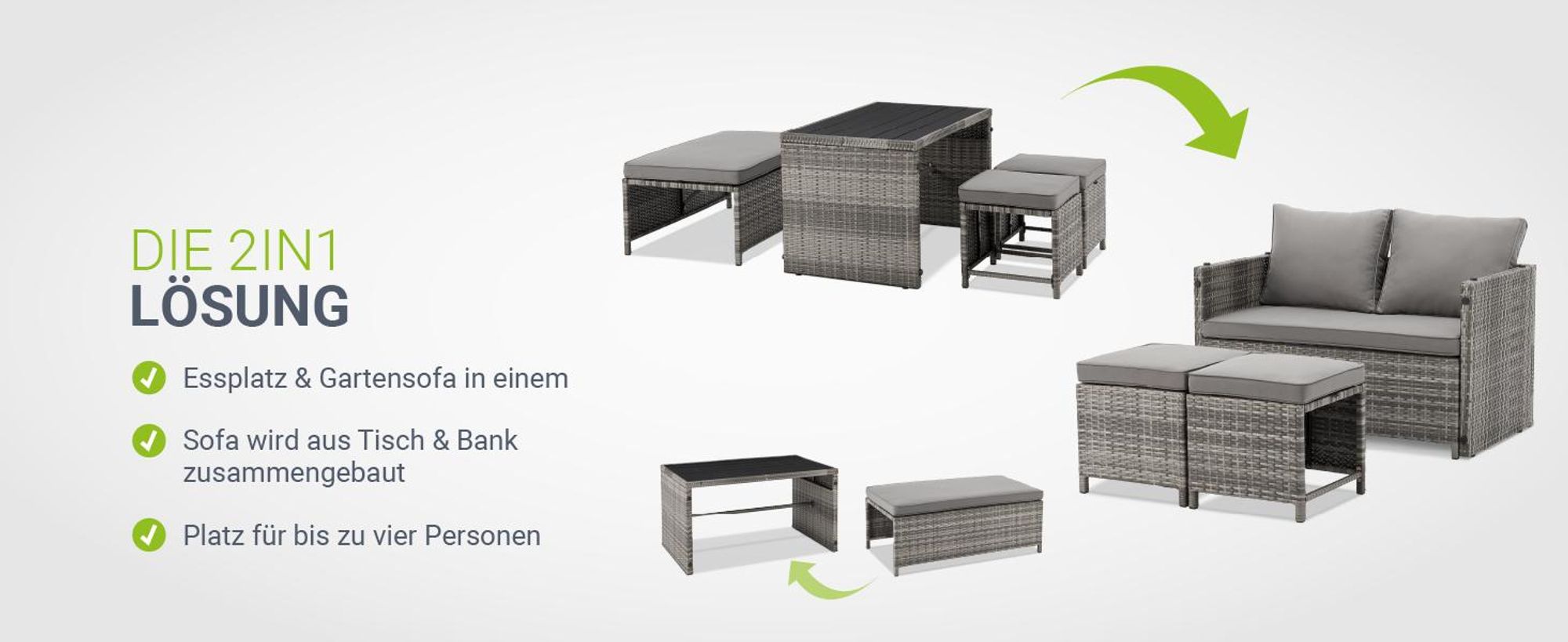 Juskys 2in1 Polyrattan Relax Gartenmöbel Set Jamaika - Tisch, Gartenlounge Sofa - Balkonmöbel Sitzgruppe für Balkon, Garten - Outdoor Lounge grau-meliert