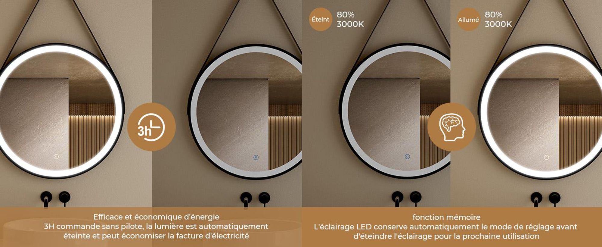 S'AFIELINA miroir de salle de bain 60cm avec éclairage rond miroir de salle de bain LED tactile et lumière blanche froide cadre noir ceinture en cuir réglable