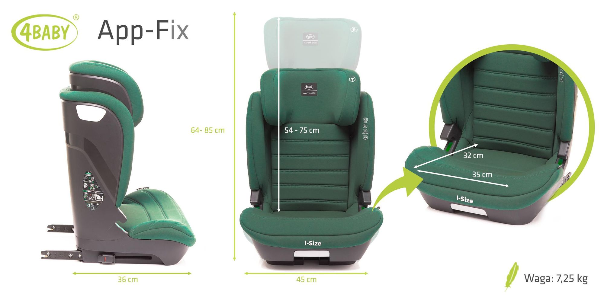 4Baby | Kindersitz - Kindersitz ab 3 jahren - ISOFIX, i-Size, 15-36kg, 105-150 cm, verstellbare Kopfstütze, Montage vorwärts - Grün - App-Fix
