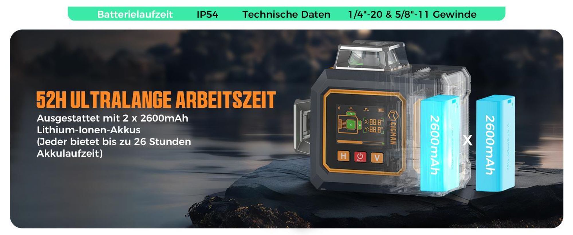 CIGMAN CM-S03 Kreuzlinienlaser 3x360° Grün mit App & LCD-Display