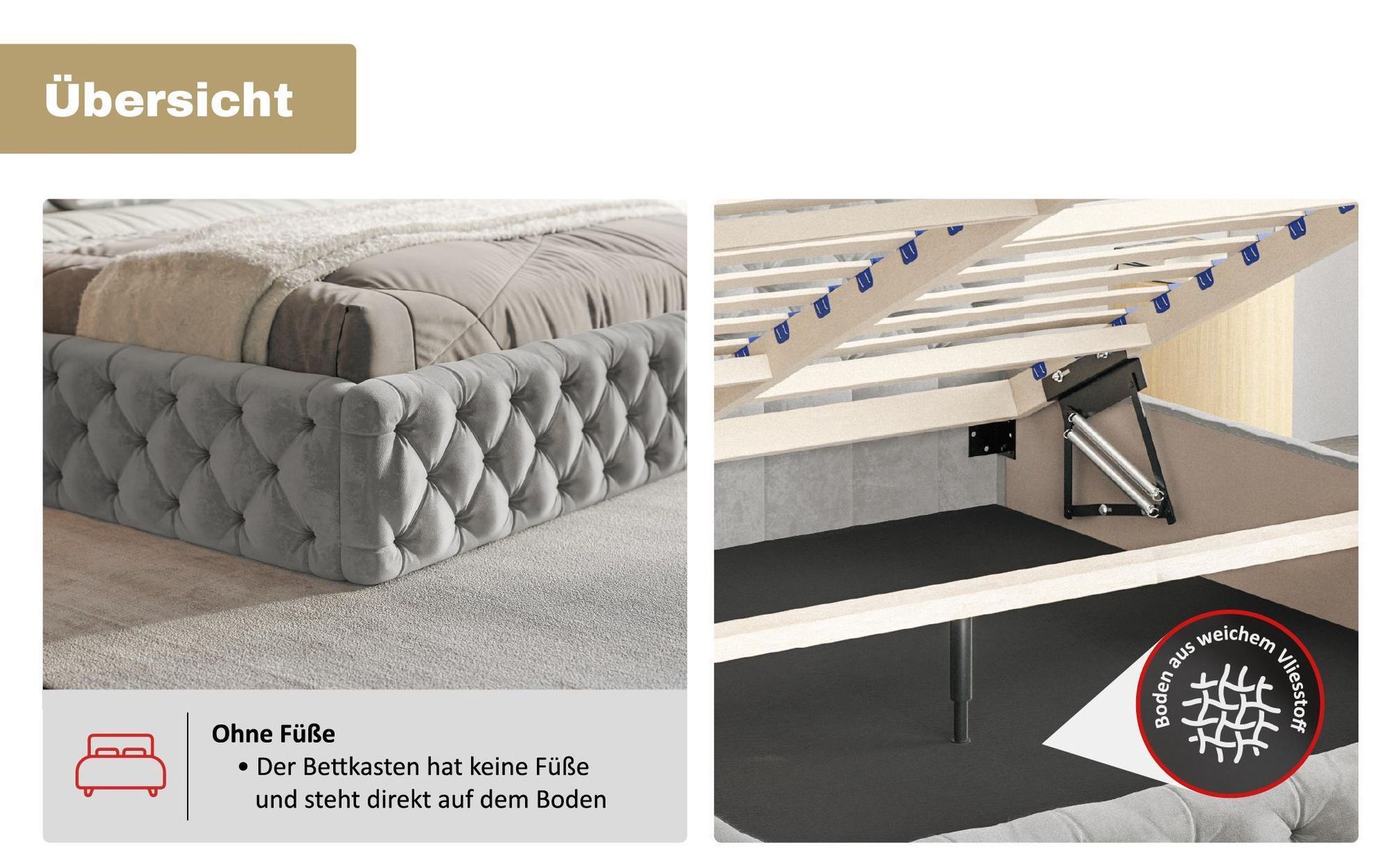 MOTIVENA Dalia Chesterfield Polsterbett 180x200 mit Bettkasten, Holz Lattenrost, Bett 180x200 Beige Samt (Amor 04)