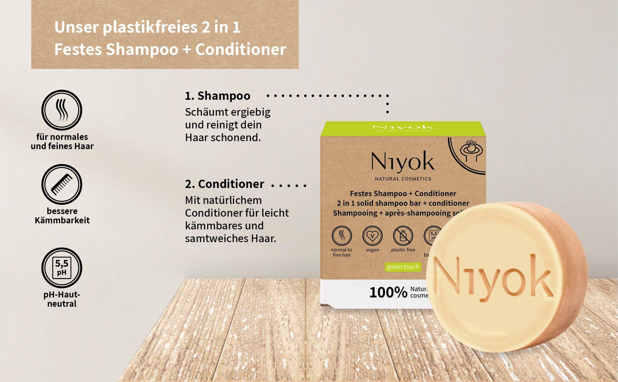 Niyok 2-in-1 Festes Shampoo + Conditioner "Vitamina" (80g), Vegane Haarseife, Nachhaltiges Shampoo & Spülung, Haarshampoo & Haarspülung, Plastikfrei