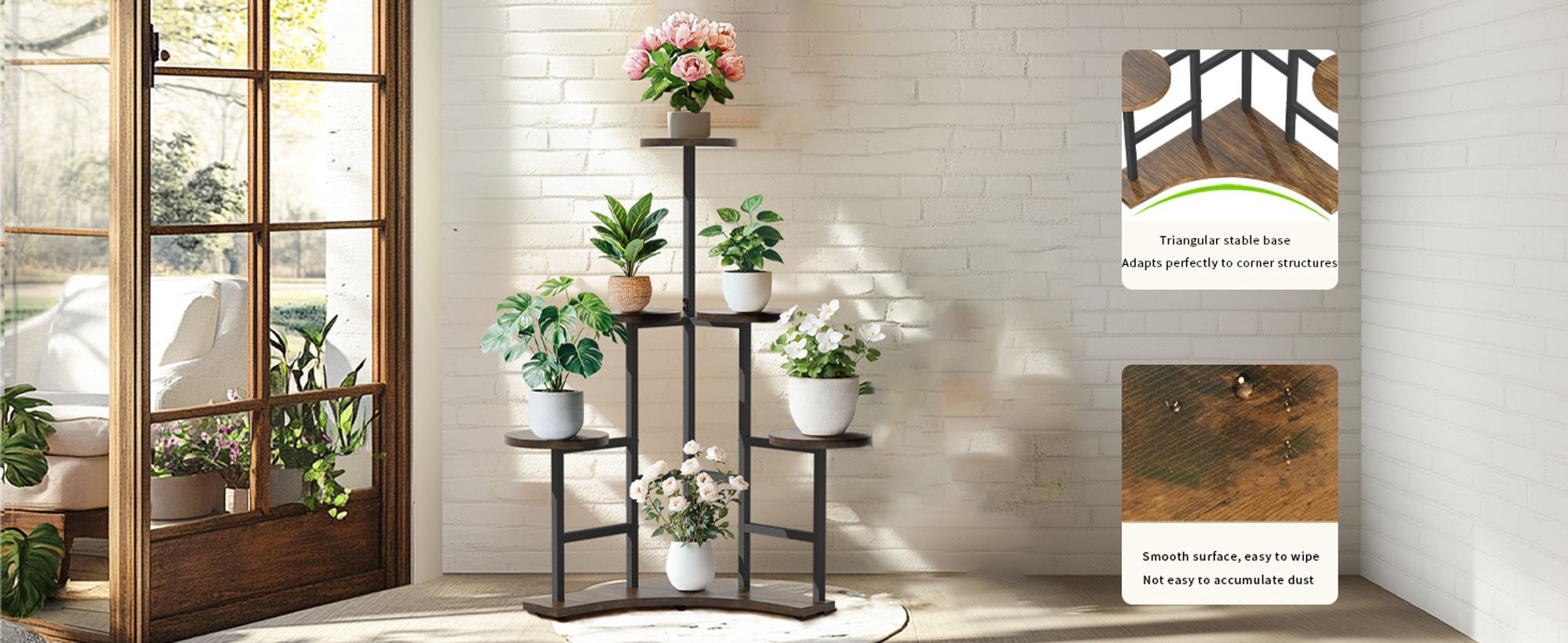 unho Blumentreppe 6 Ebenen, Blumenständer Indoor, Ecke Pflanzenregal Blumenregal Pflanzenständer Metall für Balkon, Garten, rustikal, 50 x 108cm