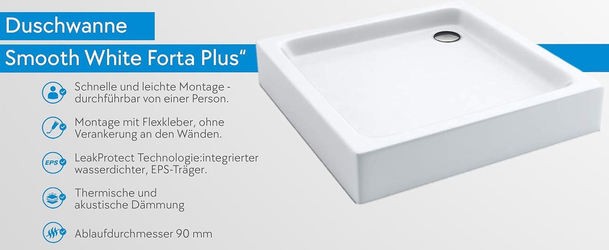 AQUABAD Duschwanne/Duschtasse | Forta Plus mit LeakProtect Technologie Smooth White 90x90cm Quadrat