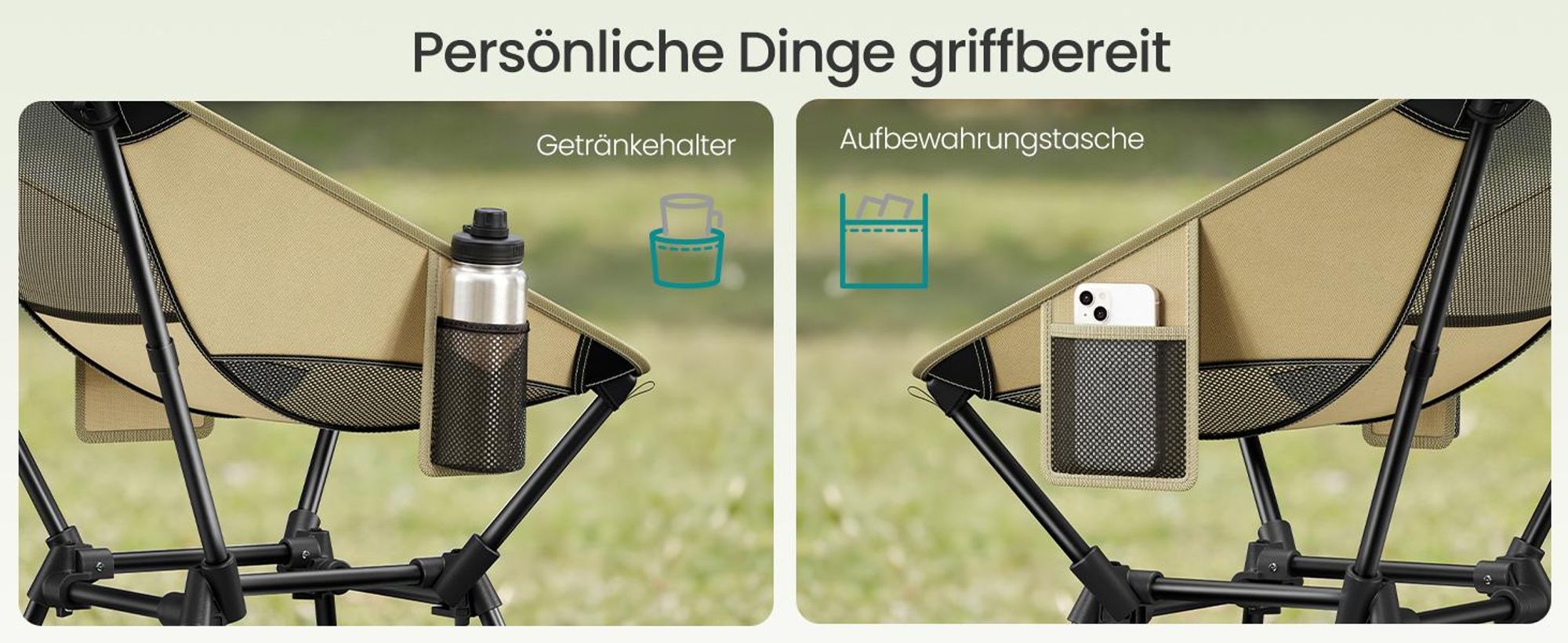SONGMICS Campingstuhl höhenverstellbar, Klappstuhl mit Stahlrahmen, 2 Aufbewahrungstaschen, Outdoor, braun