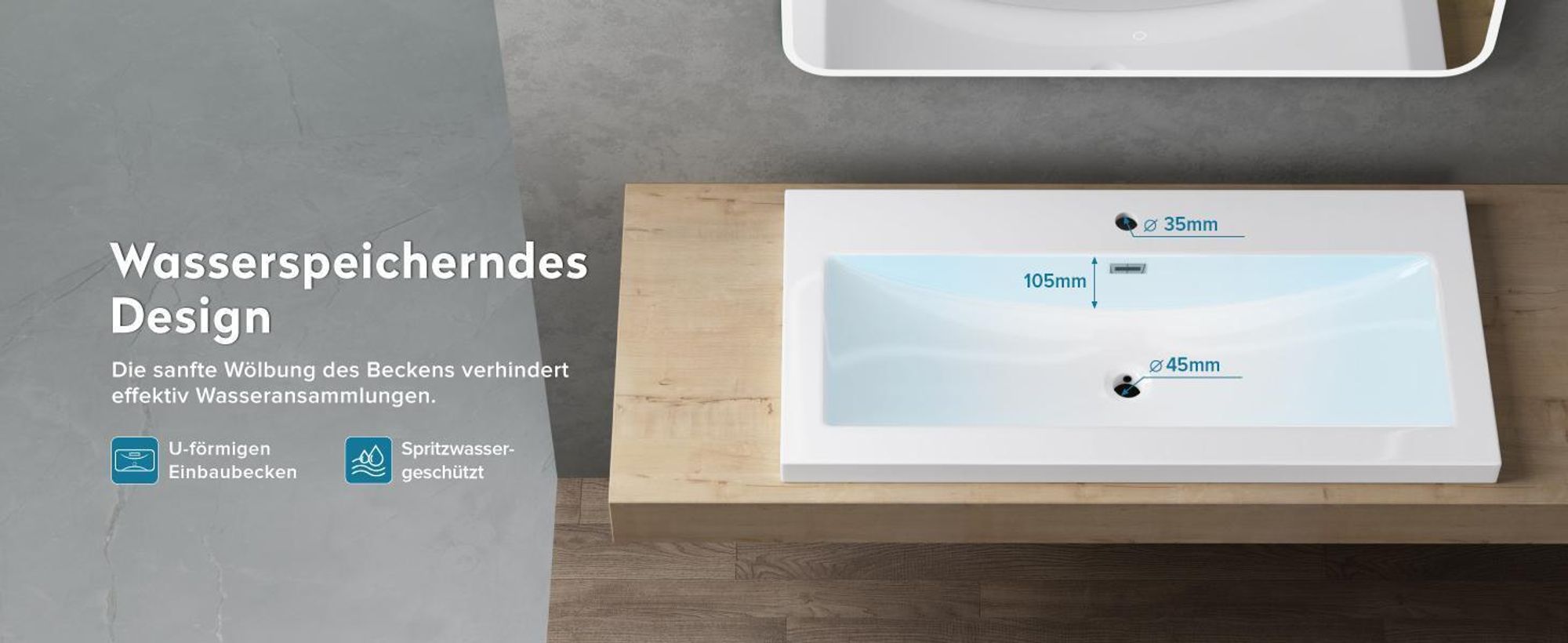 doporro Waschbecken Einbauwaschbecken aus mineralguss in weiß |BTH: 100x48x13 cm| Waschtisch Waschplatz| Col01