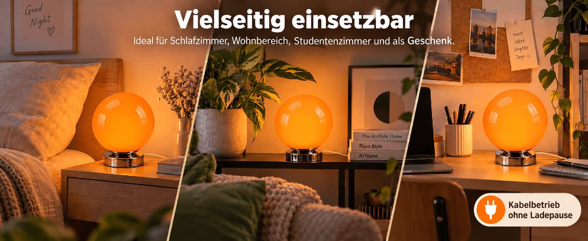 Orange Tischlampe aus Glas, Kugellampe Ø 15 cm, 3 Farbtemperaturen, 6 Helligkeitsstufen, USB-Steuerung, Nachttischlampe für Schlafzimmer