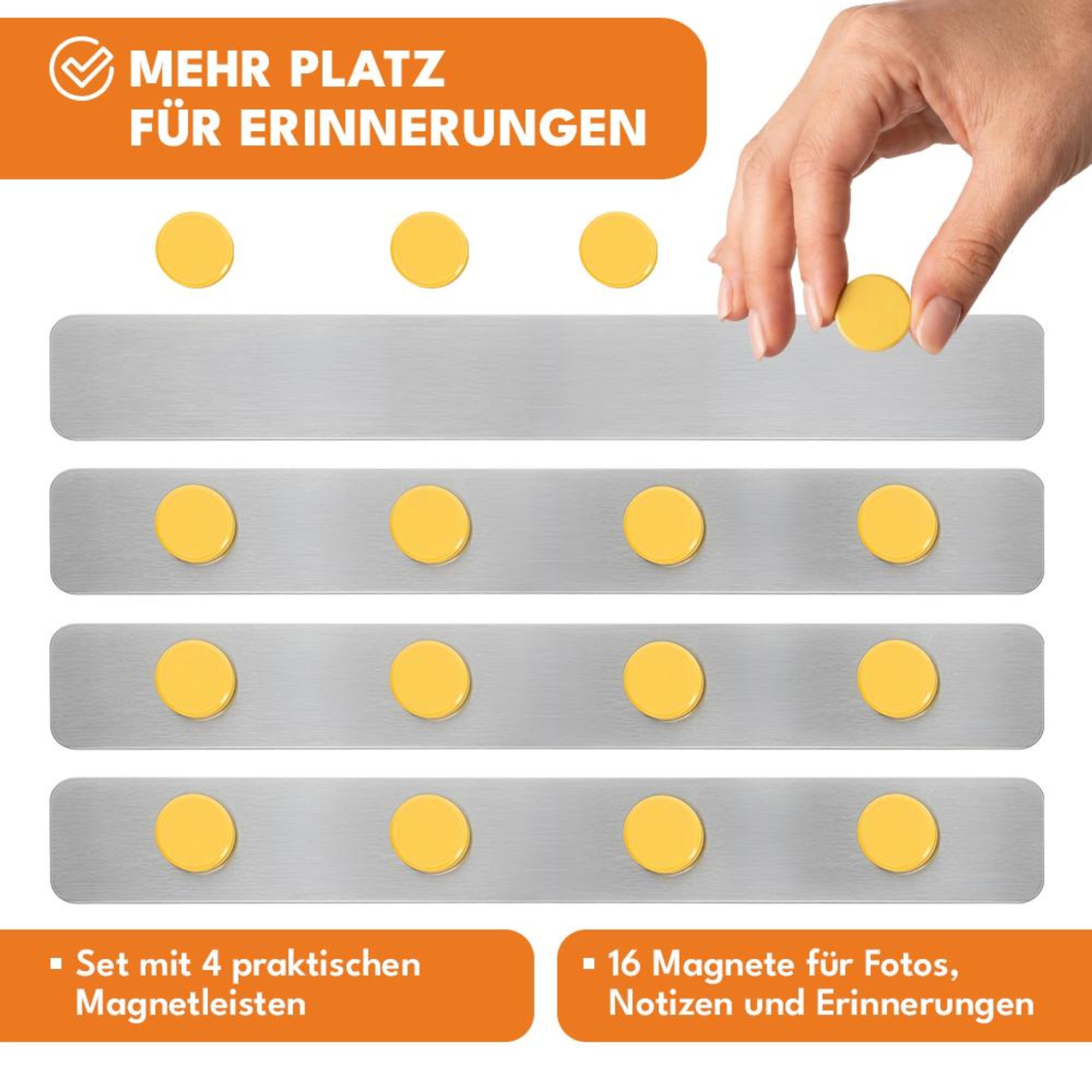 KRUMAD Magnetleiste, Magnetstreifen selbstklebend 4 Stück mit 16 Magnetstiften, Magnetleiste aus Metall für Fotos, Notizen, Papiere, Kalender und Büro
