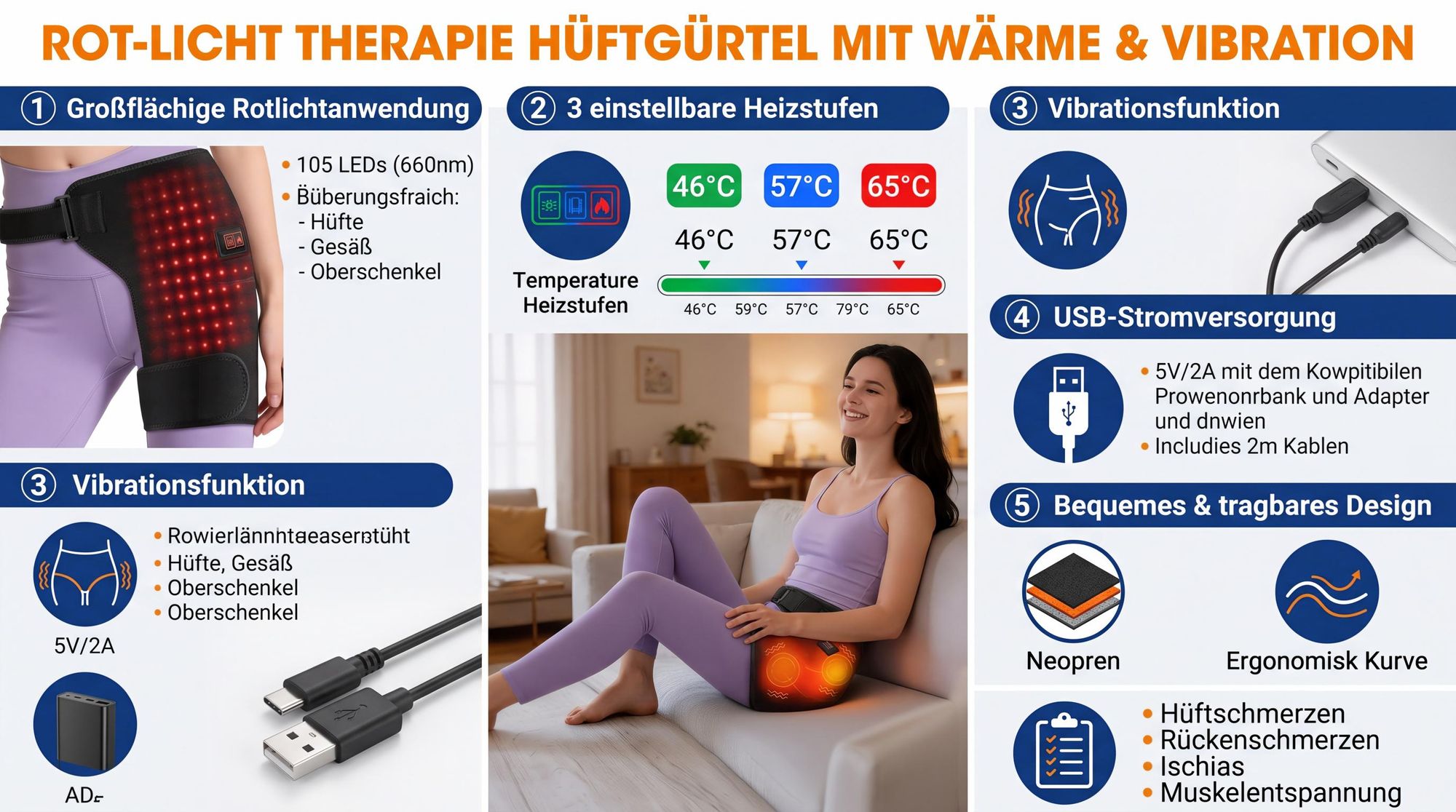 Rotlicht Therapie Hüftgürtel mit Wärme & Vibration, USB Heizgürtel für Hüfte, Oberschenkel & Rücken, 3 Heizstufen 46-65°C, gegen Ischias & Hüftschmerzen