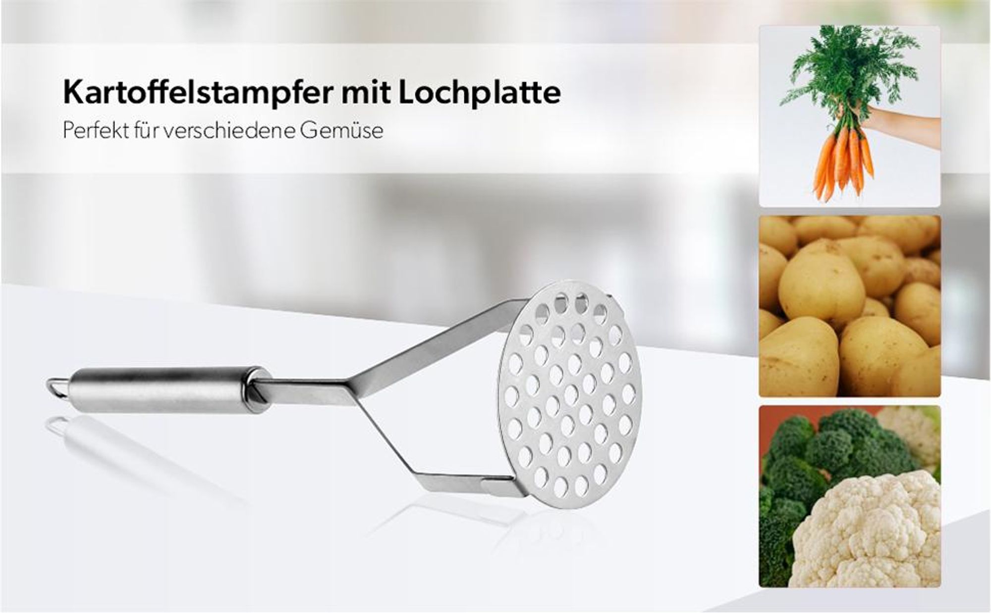 KADAX Kartoffelstampfer mit Lochplatte, Gemüsestampfer aus Edelstahl, Küchenstampfer mit ovalem Griff