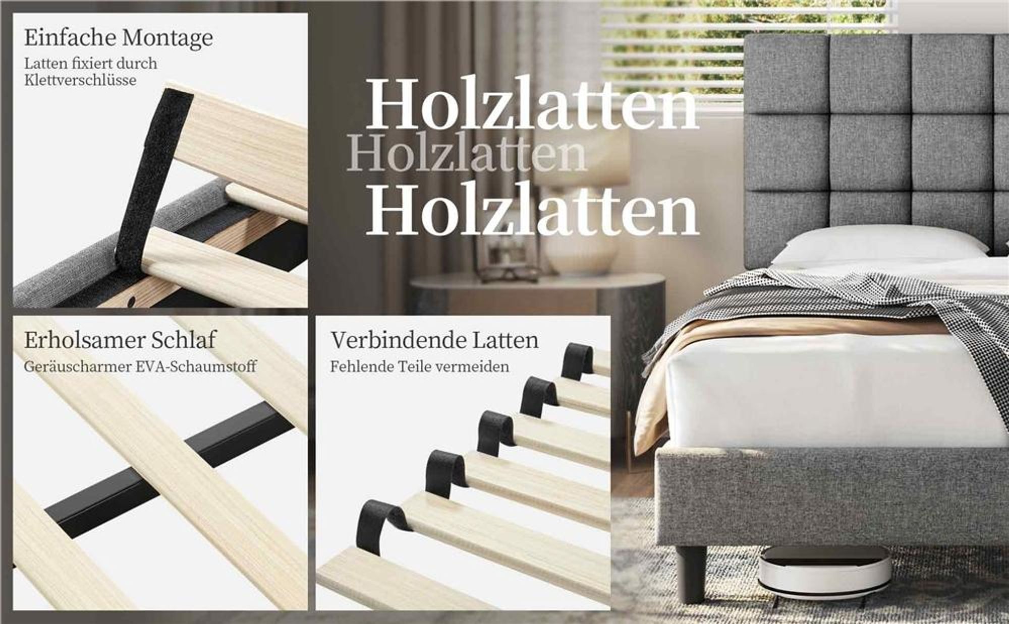 Yaheetech Polsterbett Doppelbett 140 x 200 cm, Bettgestell mit höhenverstellbarem Kopfteil, mit Lattenrost, Hellgrau