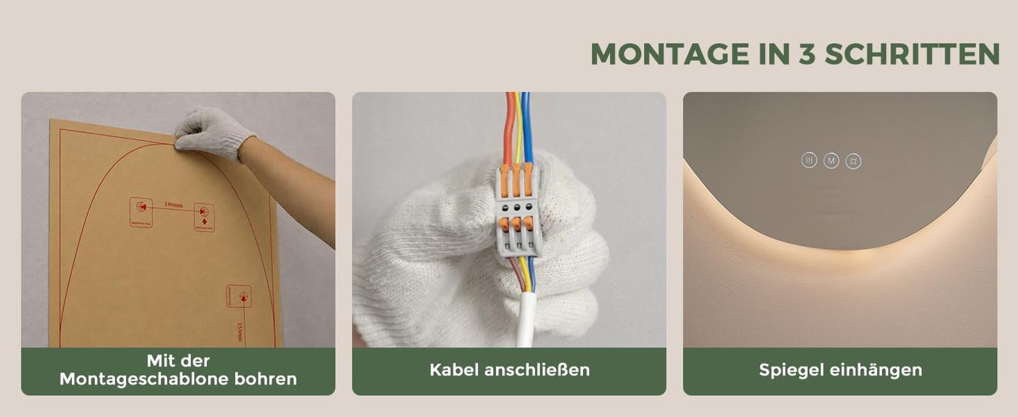 S'AFIELINA Badspiegel mit Beleuchtung 48 × 72 cm, rahmenlos, asymmetrisch,3 Lichtfarben, dimmbar, Antibeschlag und Memory-Funktion
