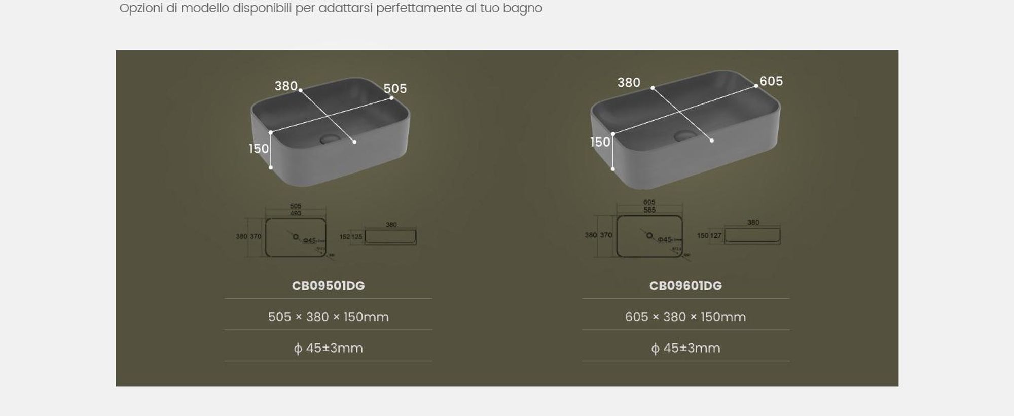 Lavabo da appoggio EMKE rettangolare 610 x 380 x 150 mm Grigio scuro opaco Lavabo in ceramica Senza foro per rubinetteria – Ideale per rubinetteria a parete e rubinetteria ad alzata
