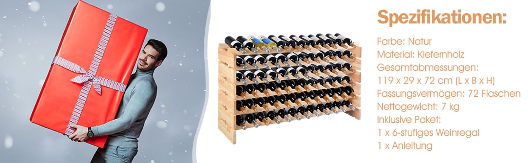 Weinregal für 72 Flaschen, Flaschenregal stapelbar aus Kiefernholz, Weinständer 119x29x71,5 cm