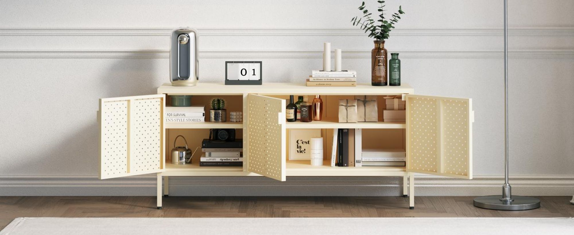 FLEXISPOT TV Schrank Metall – Sideboard mit Lüftungslöchern, 3 Türen & verstellbaren Füßen für Wohnzimmer, Büro, Schlafzimmer, 118x39x55 cm, Gelb