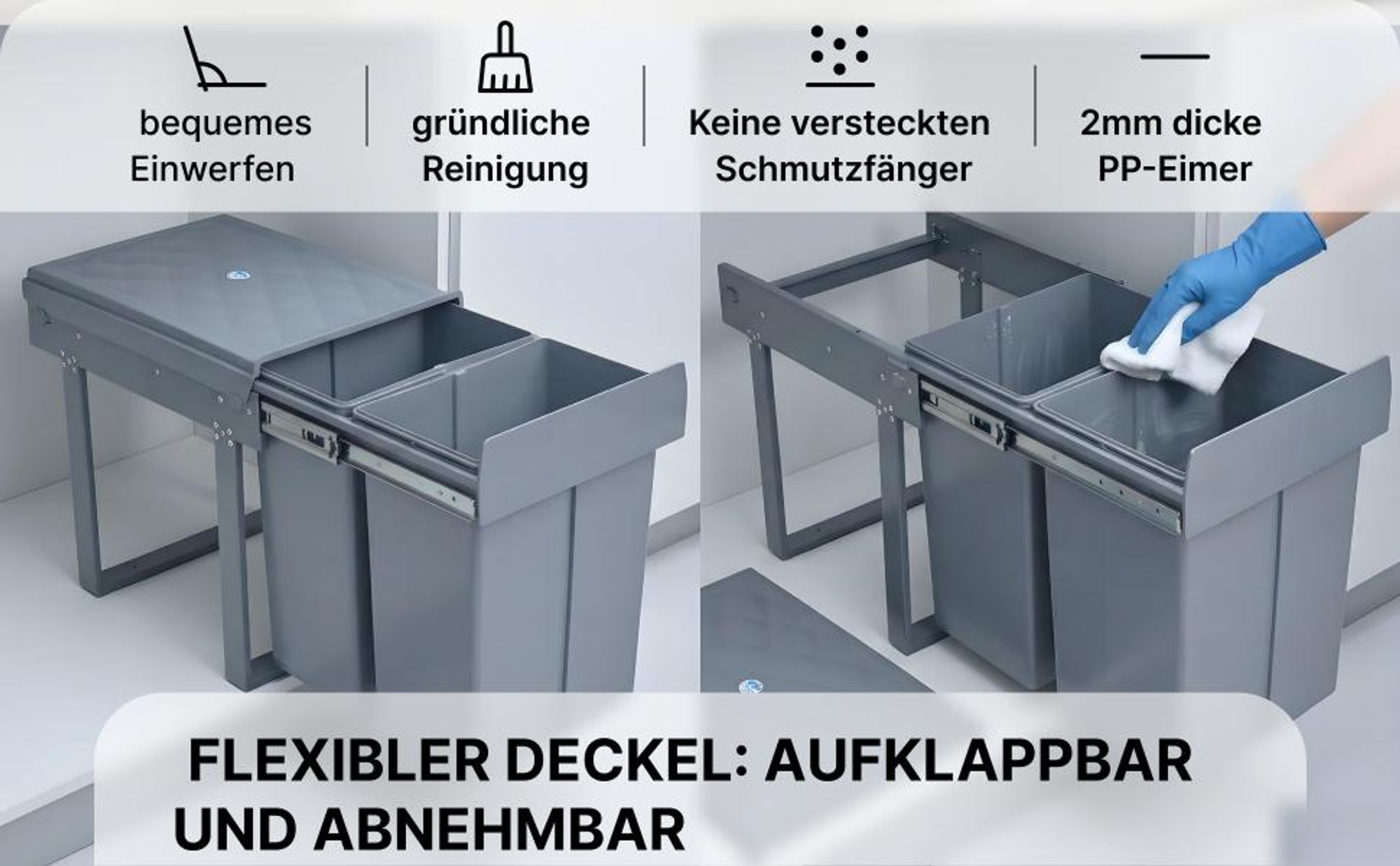 MinteLiv Einbaumülleimer 2x20L Mülltrennsystem Ausziehbar, Stahlrahmen, 48x33,5x42cm