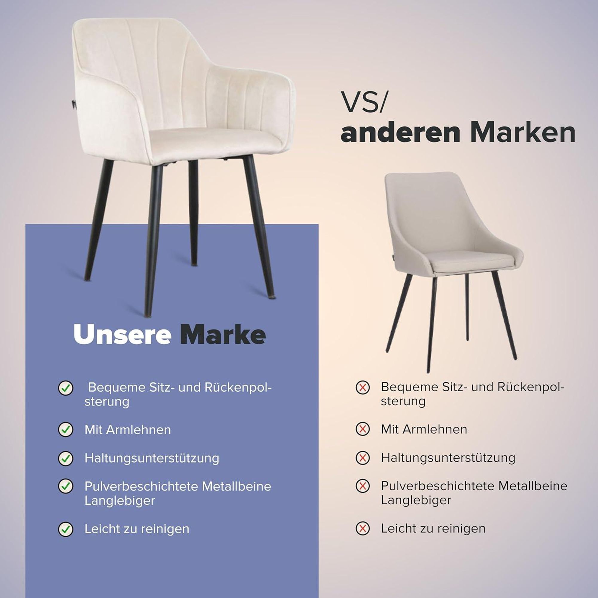 Lina® Rio Samt Esszimmerstühle 2er Set Creme – Mit Armlehnen & schwarzen Metallbeinen – Ideal für Wohnzimmer, Büro & Esszimmer