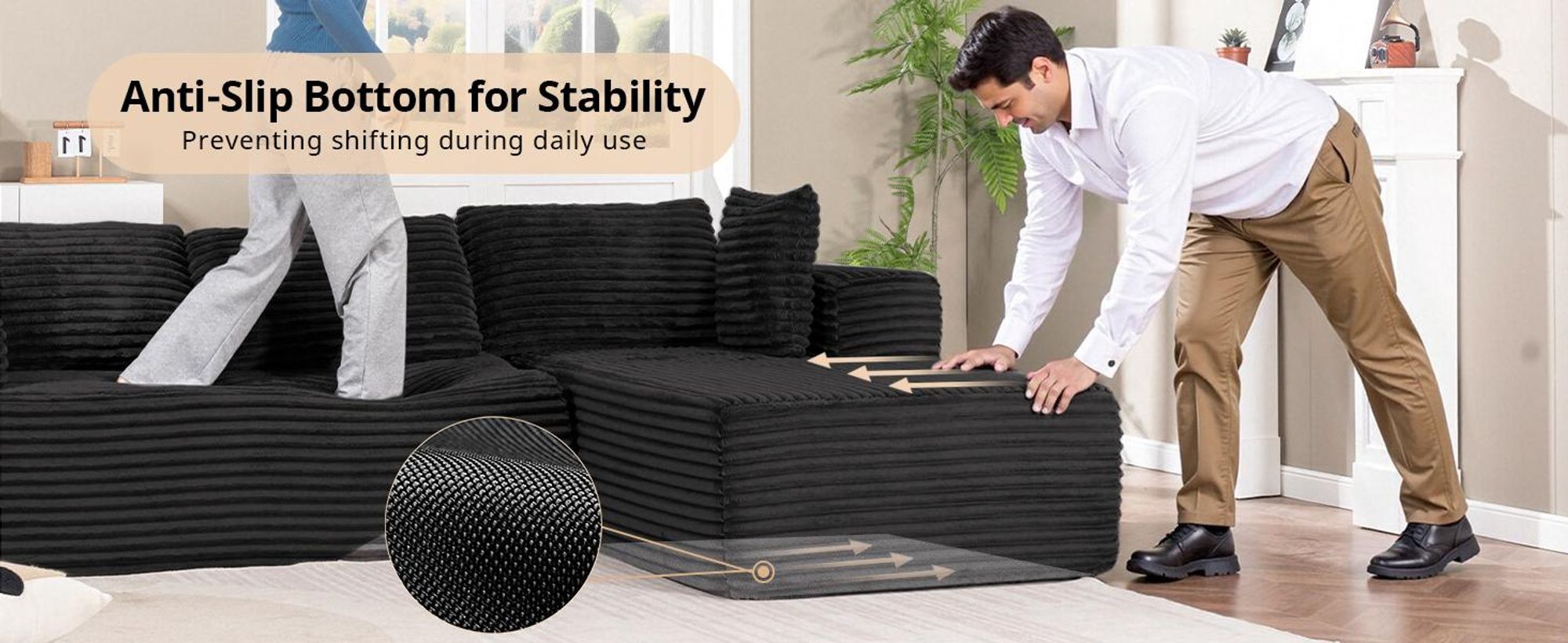 COMHOMASofa Divano grande, divano a L, divano angolare, divano letto chaise longue con seduta profonda e ampi braccioli, tessuto a coste, nero-L