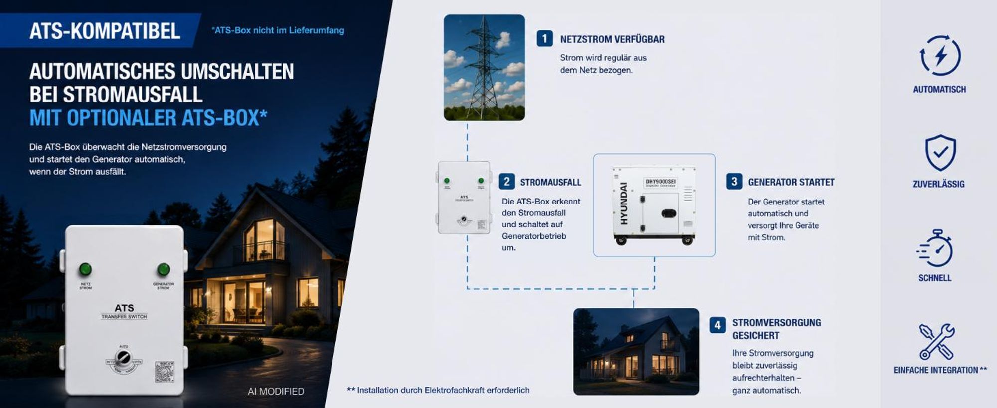HYUNDAI Diesel Inverter Generator DHY9000SEi – 6,5 kW Stromerzeuger mit E-START, ATS-Anschluss, SINUS-Strom – Diesel Notstromaggregat für Baustelle & Werkstatt