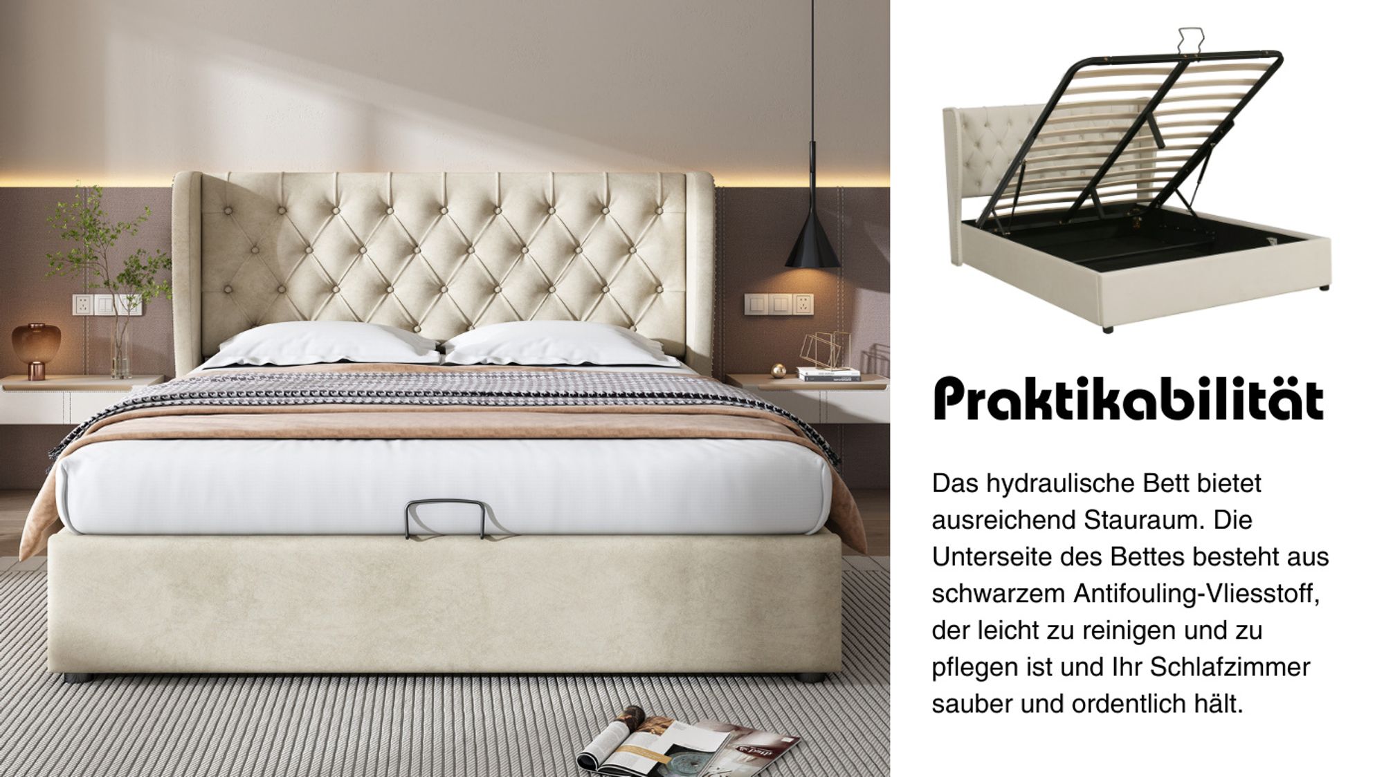 okwish Polsterbett 160×200cm Hydraulisches Doppelbett mit Stauraum, Stauraumbett Jugendbett mit Bettkasten, Samtstoff,Beige(ohne Matratze）