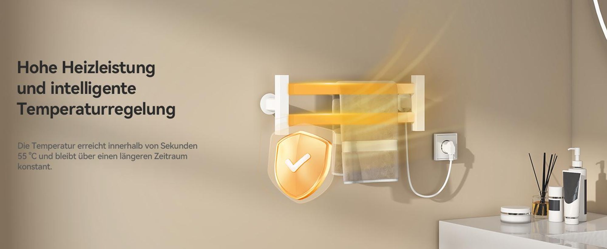 Puluomis Heizkörper Elektrischer Handtuchhalter mit Ein-Knopf-Schalter, 55°C konstante Temperatur, IPX4 wasserdicht, Badheizkörper 48,5x16,5cm weiß