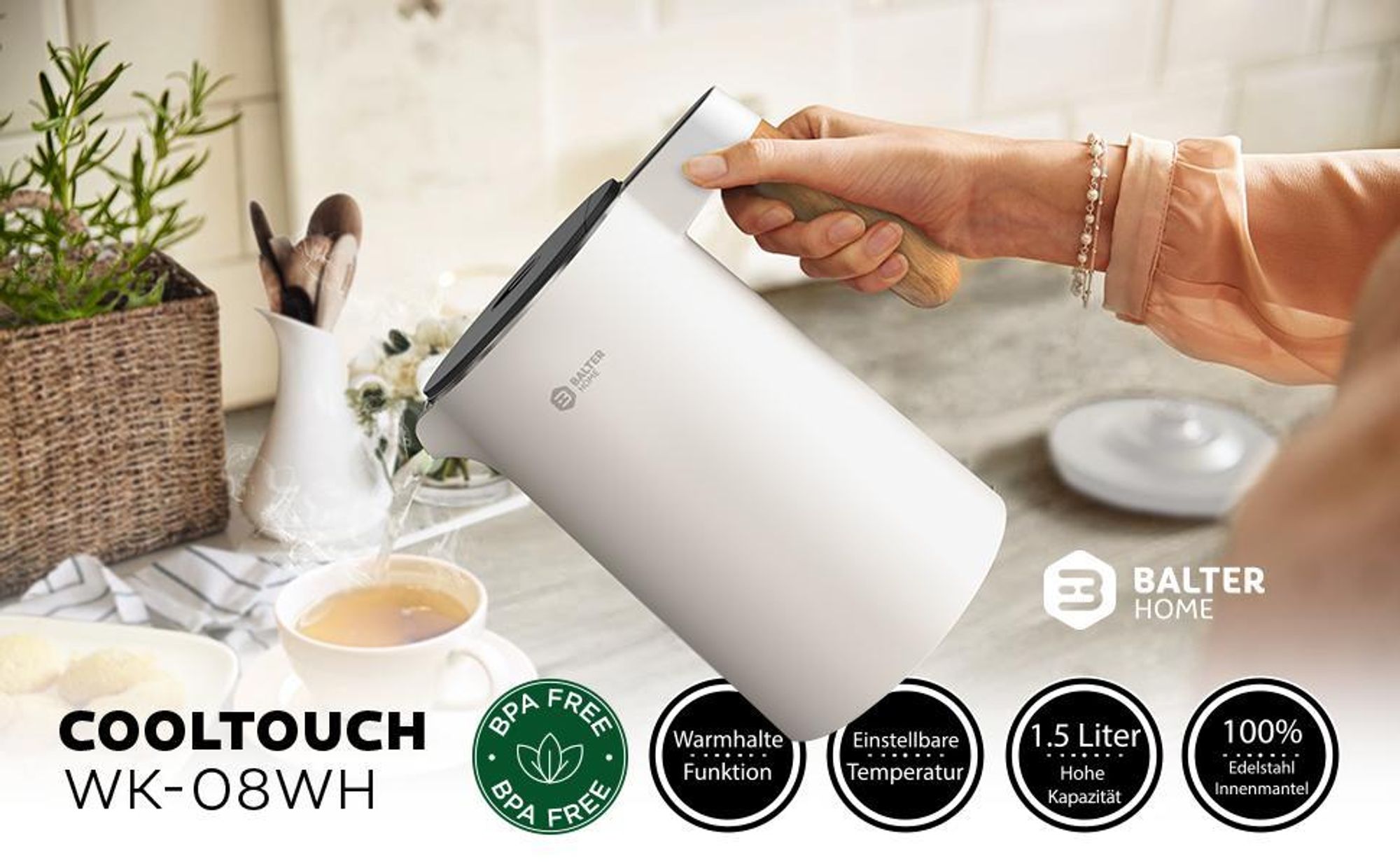 Balter Wasserkocher Edelstahl mit Temperatureinstellung 1,5L, 2200W, BPA-frei, LED-Display, Temperaturwahl 45°C-100°C, Abschaltautomatik, Weiß, Leise