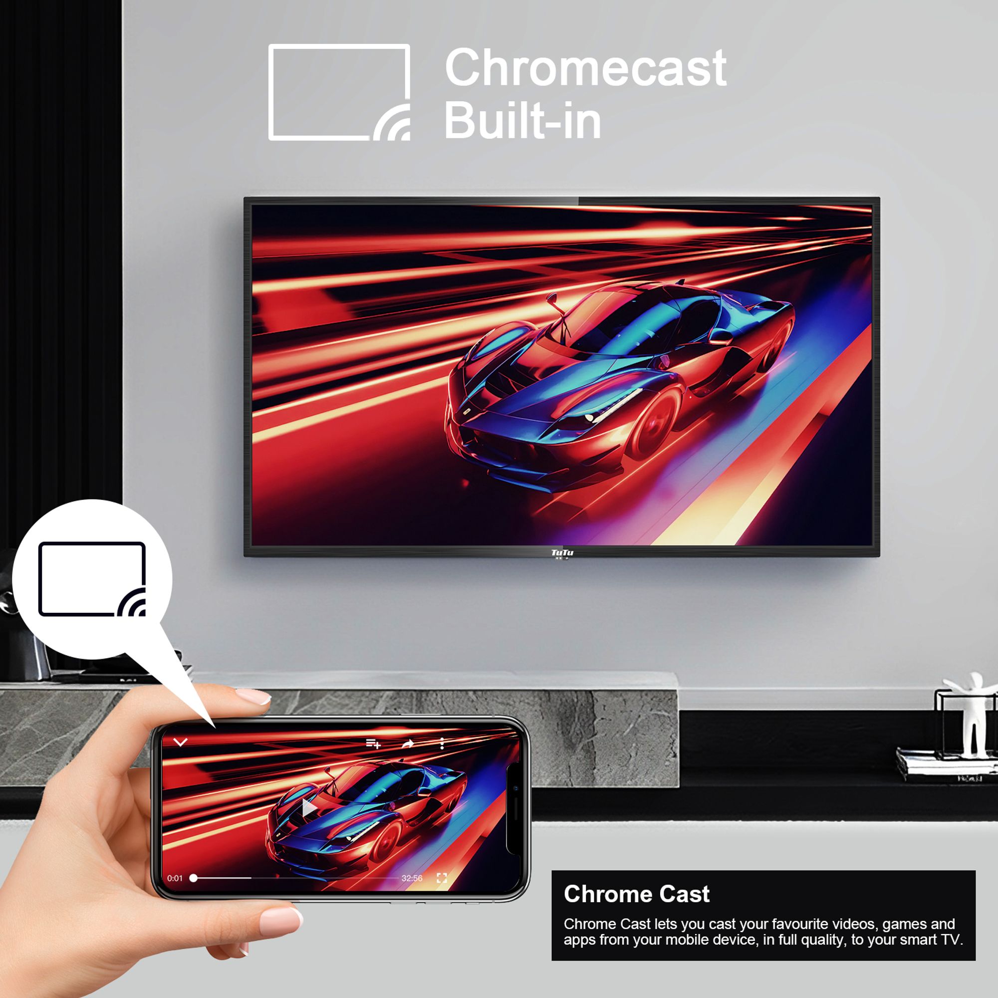 TuTu Android Smart TV - LED 4K UHD - 43 Zoll/110 cm - Randlos Design - Tripple Tuner DVB-T/T2/S/S2/C - HDMI x3, USB x2, CI+ - Sprachsteuerung & Streaming apps - Montiert in Eindhoven, Niederlande - TUS43UQ1A