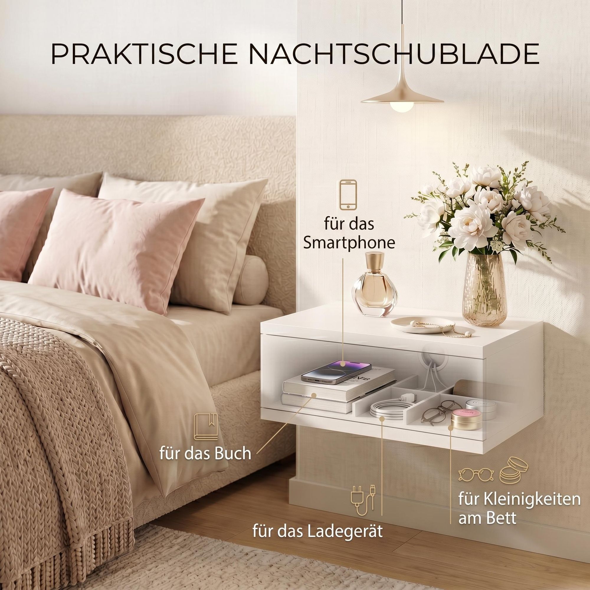 Geräumiger, wandhängender Nachttisch.