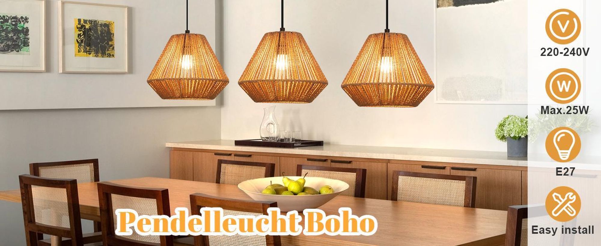 ZMH Lampe à suspendre Boho Lampe à suspendre en rotin Suspension réglable en hauteur Lampe à suspendre salle à manger 3 flammes Lampe de table design rétro avec douille E27