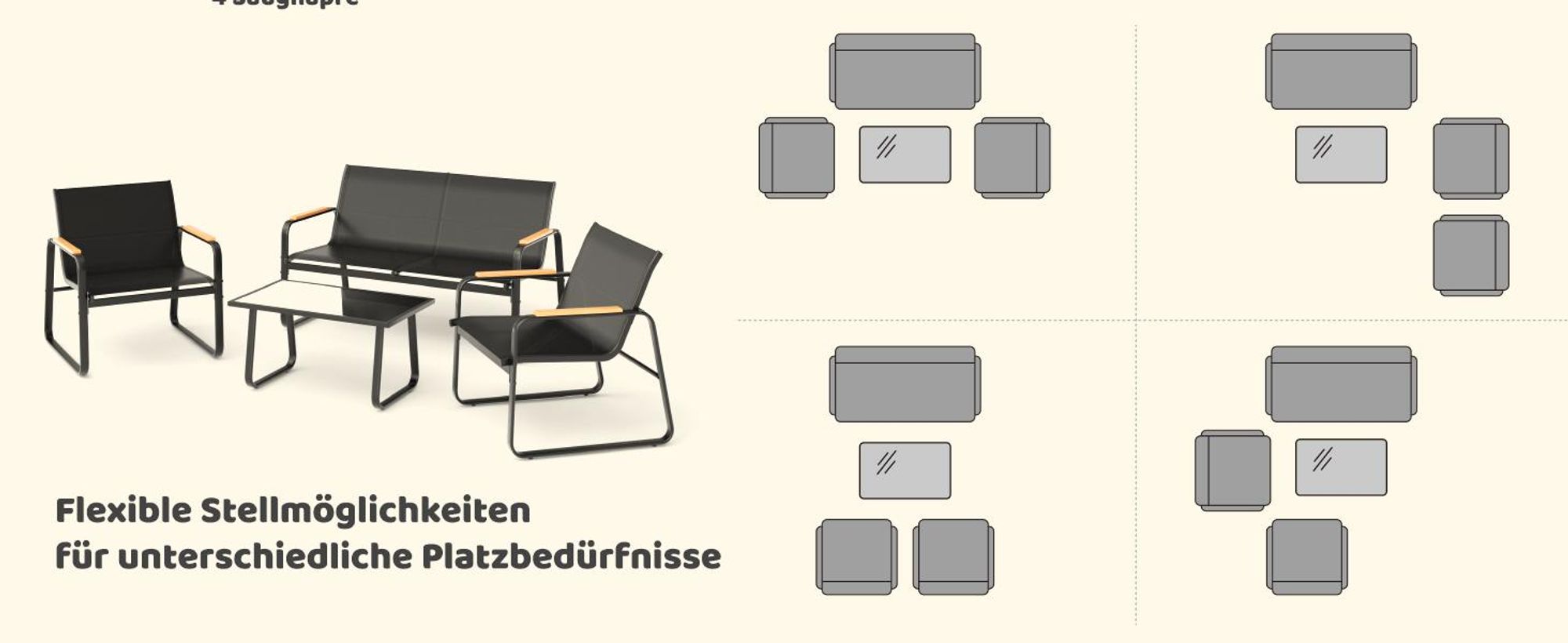 Mondeer Gartenmöbel Set 4-tlg Sitzgruppe Balkon Terrasse mit Mesh-Gewebe & Holz-Kunststoff-Armlehnen Schwarz