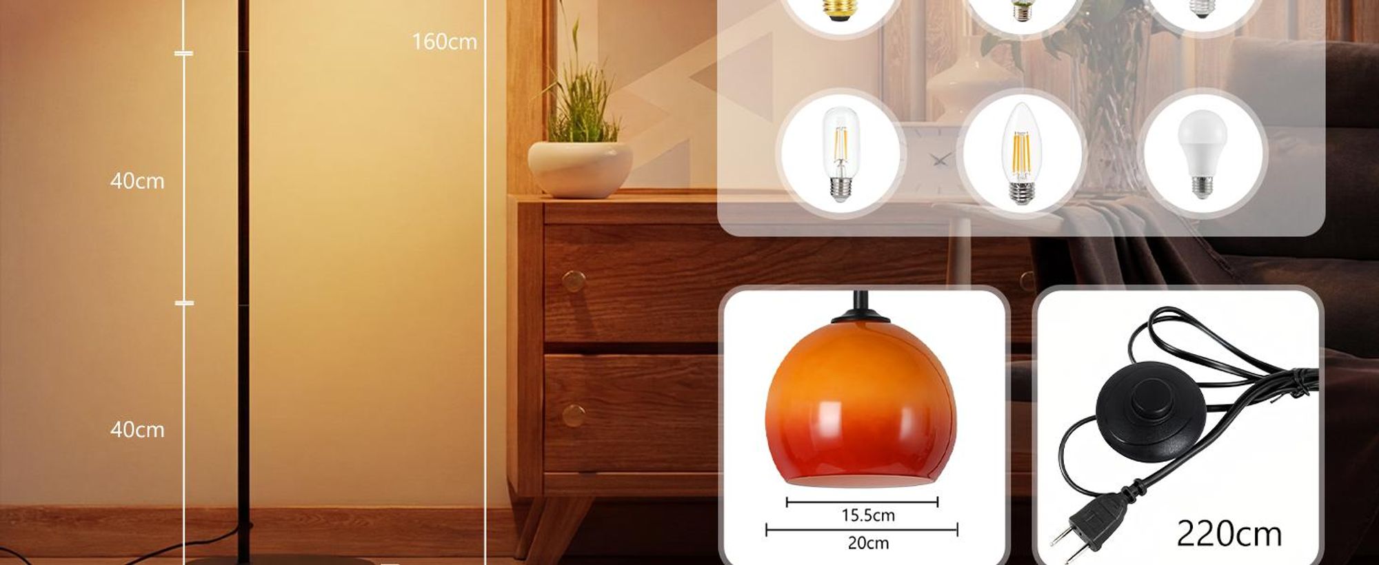 ZMH Bogenlampe Wohnzimmer Stehlampe mit Fußschalter E27 Fassung ohne Leuchtmittel 140-160cm Eisen Glas Lampenschirm 40W drehbarer Arm für Schlafzimmer