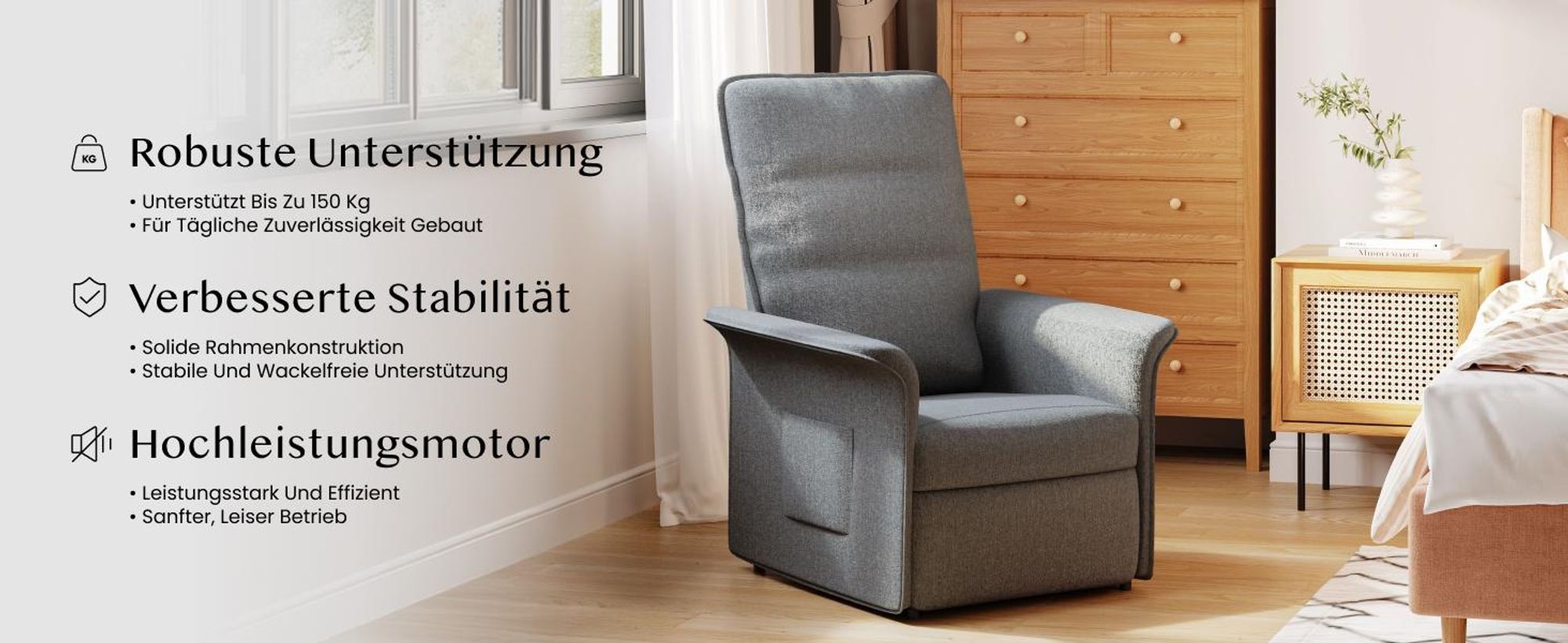 FLEXISPOT Elektrischer Relaxsessel mit Liegefunktion 105°–155°, Verstellbarer TV- & Fernsehsessel für Wohnzimmer, Rückenlehne & Fußstütze (Lichtgrau)