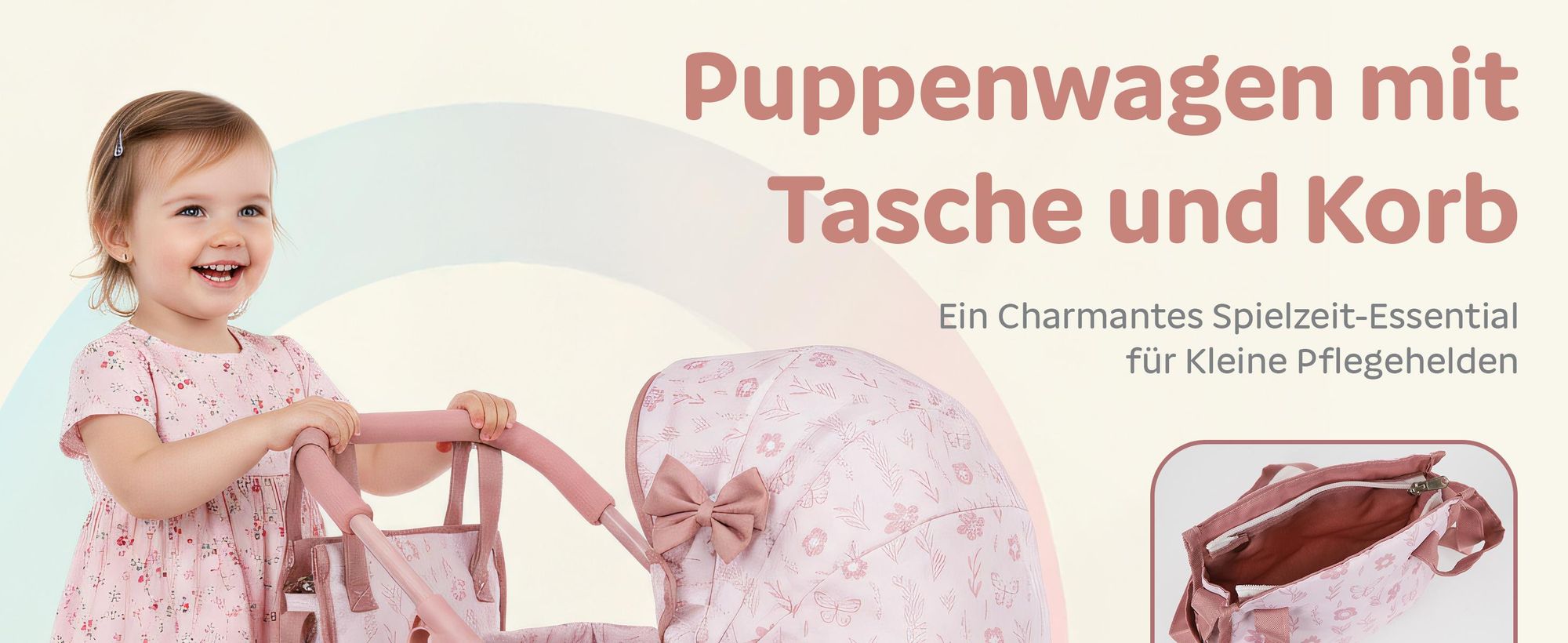 Puppenwagen mit Tasche und Klappdach – Kinderwagen für Puppen – rosa, höhenverstellbare Griffhöhe ca. 54 cm