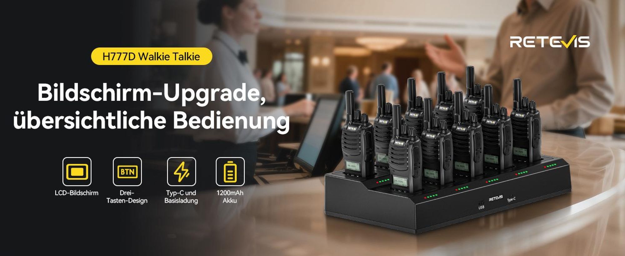 Retevis H777D Funkgeräte Professional, Walkie Talkie mit 10-Wege-Ladegerät, PMR Funkgerät LCD-Display, 1200 mAh Akku, Typ-C-Ladung, für Sicherheit