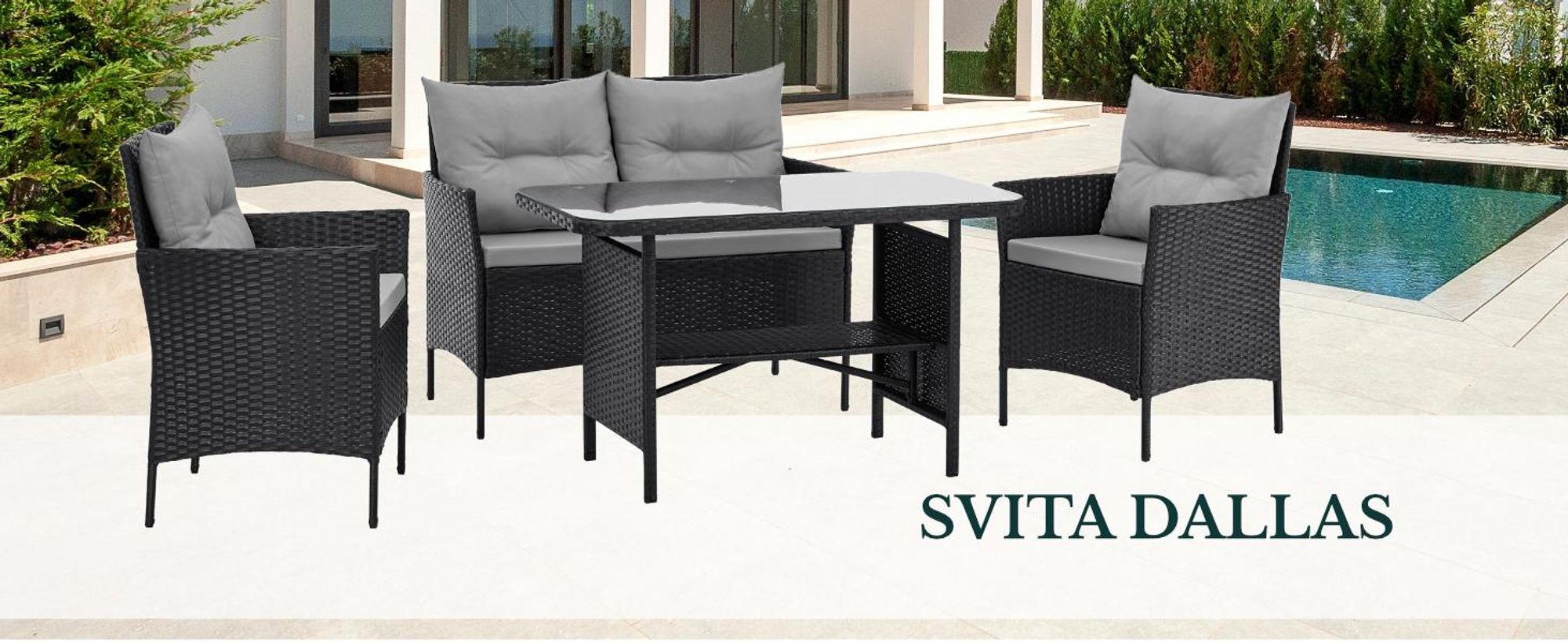 Sitzgruppe SVITA DALLAS im Vordergrund, im Hintergrund eine Terrasse mit Pool