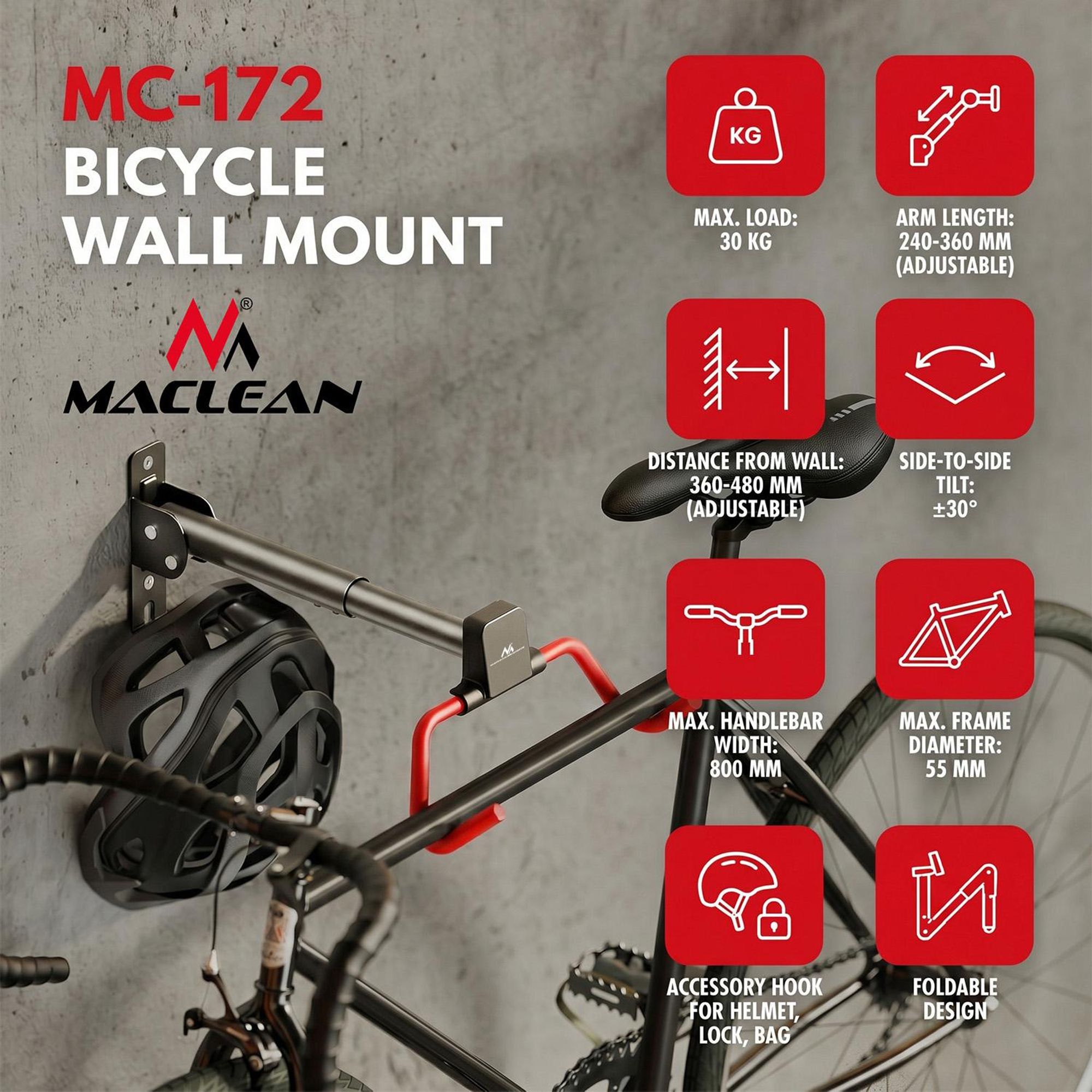 3x Maclean Fahrradhalterung / Wandhalterung horizontal Stahl max. Belastbarkeit 30 kg Winkelverstellbar MC-172