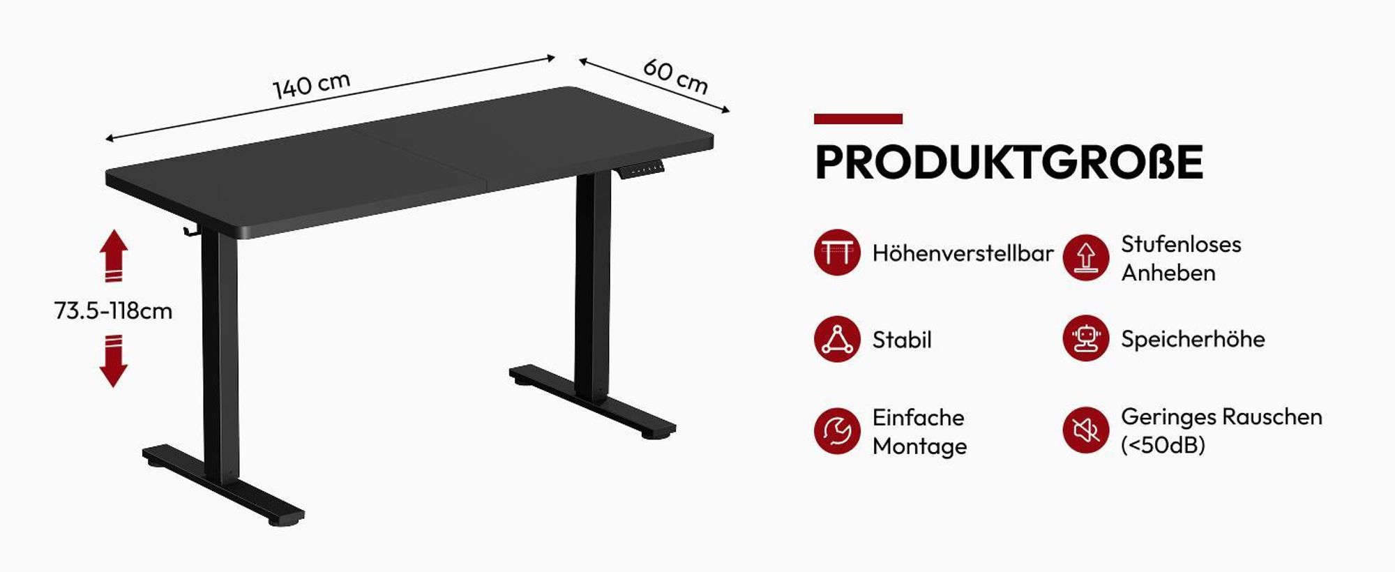SANODESK Höhenverstellbarer Schreibtisch Upgrade 140×60cm 4 Memory-Funktion Becherhalter Haken Kabelmanagement 70kg Tragkraft Kollisionsschutz Schwarz