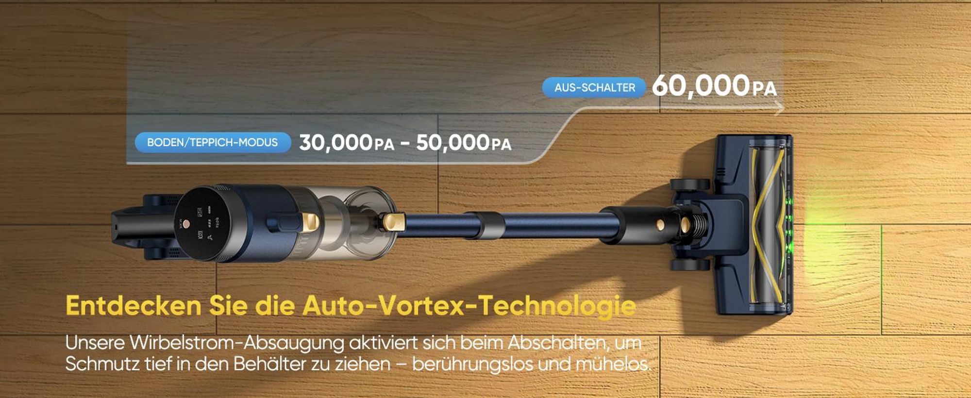 Vactidy V12 Akku Staubsauger/ 55Min/ 60kPa /600W/ 2,2kg/ Anti-Verhedderungs-Bürste, GreenEye Technologie, LED Touchscreen, für Hartböden, Teppiche