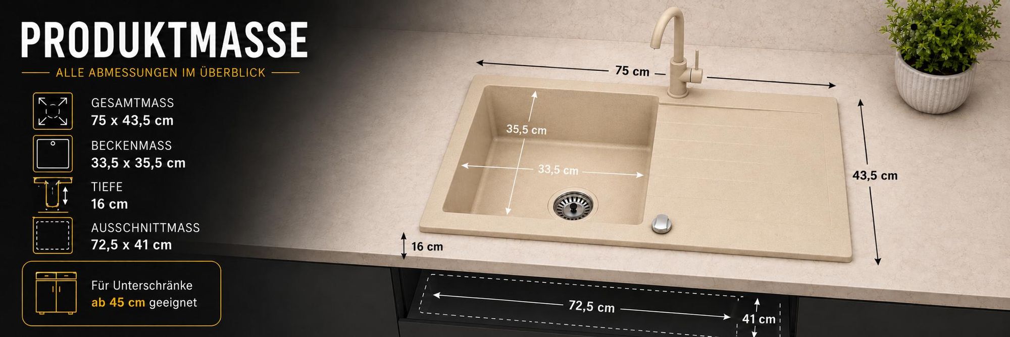 [Granitspüle 76x44 Beige]Hochwertig beidseitig Montierbar Küchenspüle Eckig Einbaugranitspüle Granit Spülbecken f. Unterschränke ab 45 cm inkl.Sipho