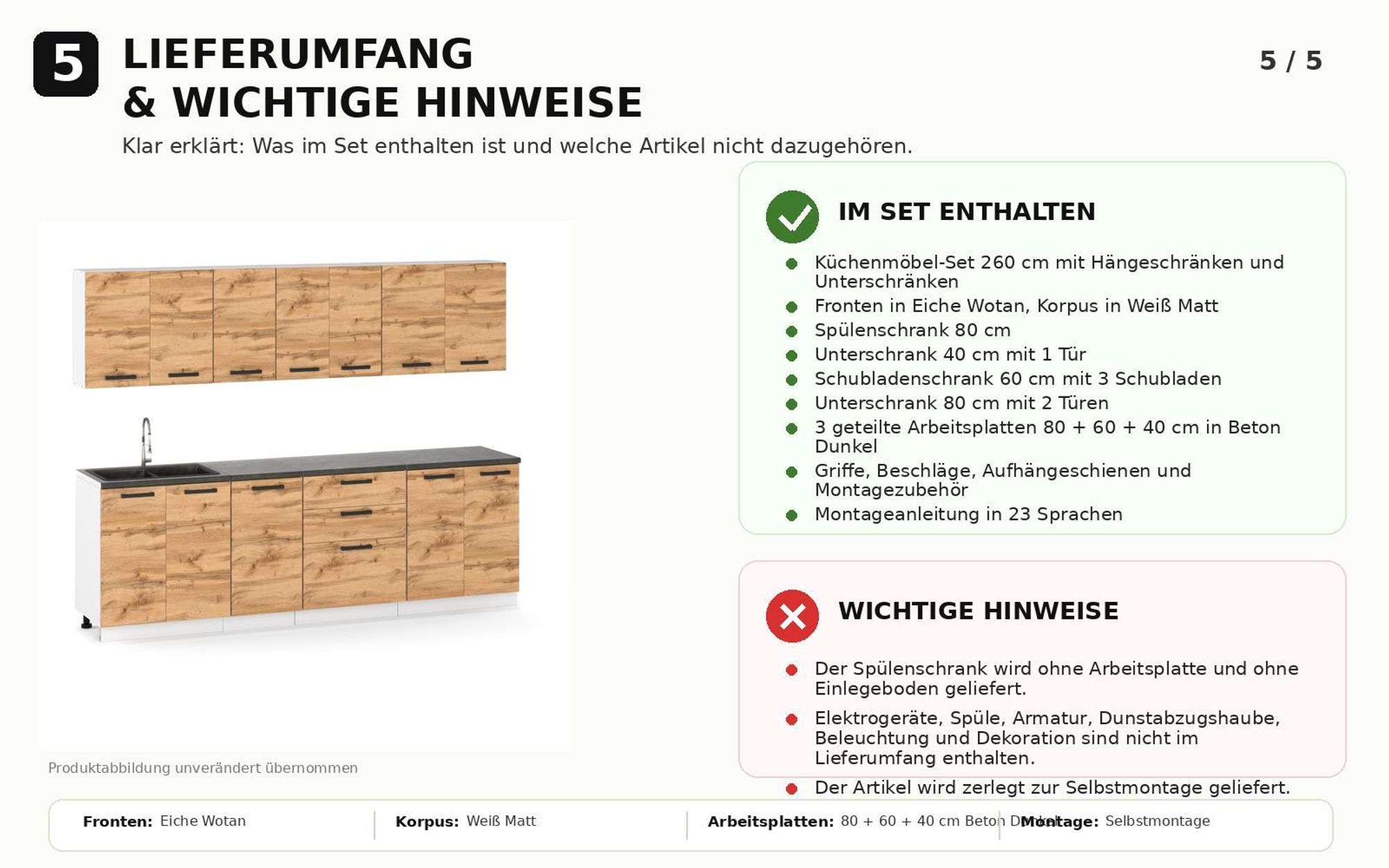 Lieferumfang und Hinweise zur Küchenzeile 260 cm in Eiche Wotan auf einen Blick.