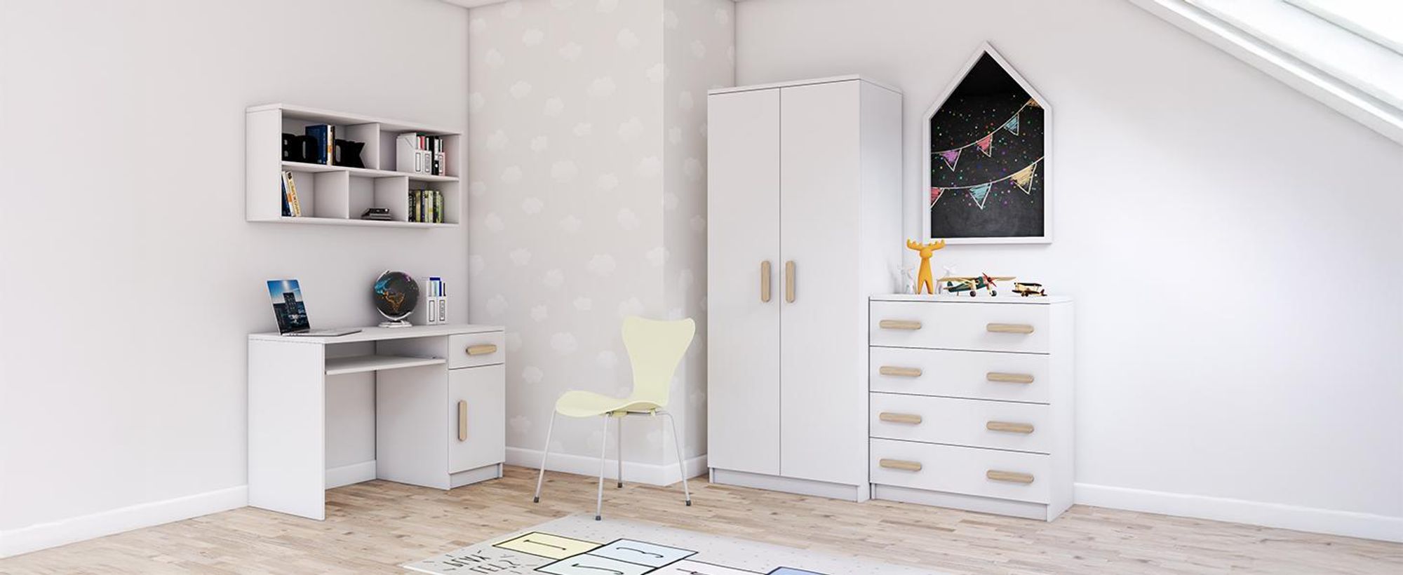Drehtürenschrank JONAS 06 – Kinderkleiderschrank 80 cm Weiß/Weiß mit sonoma Griffe