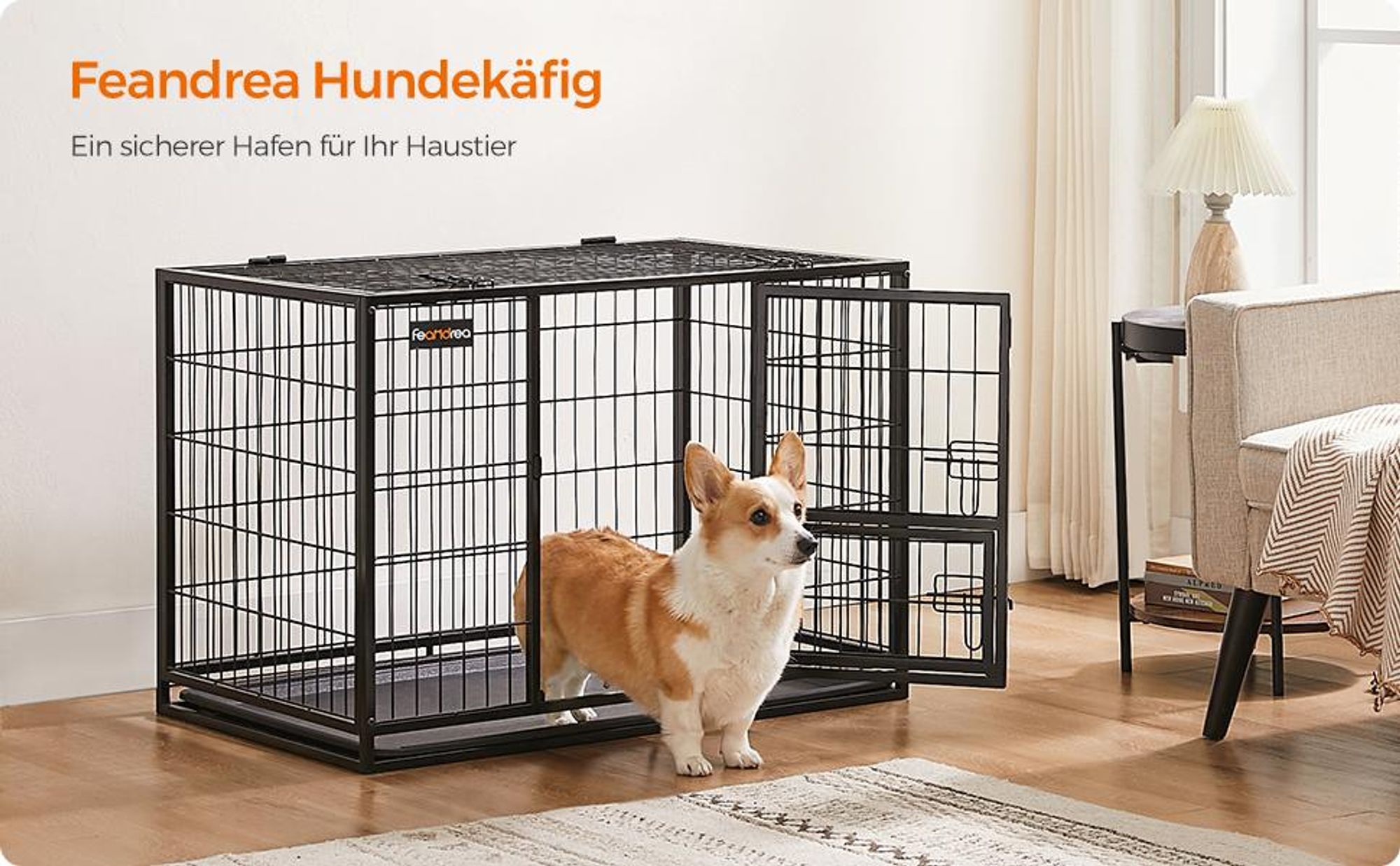 FEANDREA Hundekäfig, 92,5 x 57,5 x 64 cm, mit 2 Türen, schwarz PPDDE002B01