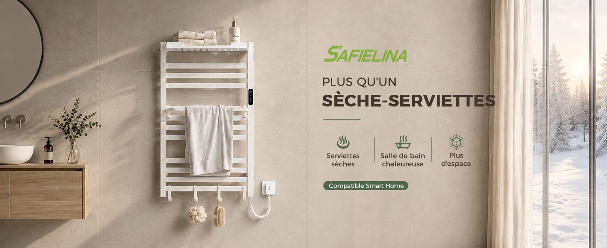 S'AFIELINA Sèche-serviettes électrique avec étagère 700× 600 mm 233 W Blanc,Radiateur sèche-serviettes électrique connecté, WiFi et application
