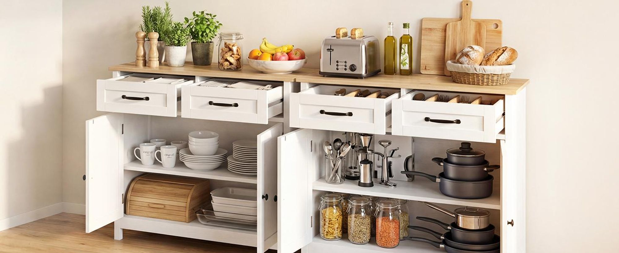 HOKEEPER Küchenschrank, Sideboard Wohnzimmer, Kommode mit 2 Schubladen und 2 Türen, Küchenbuffet mit Arbeitsplatten, Braun