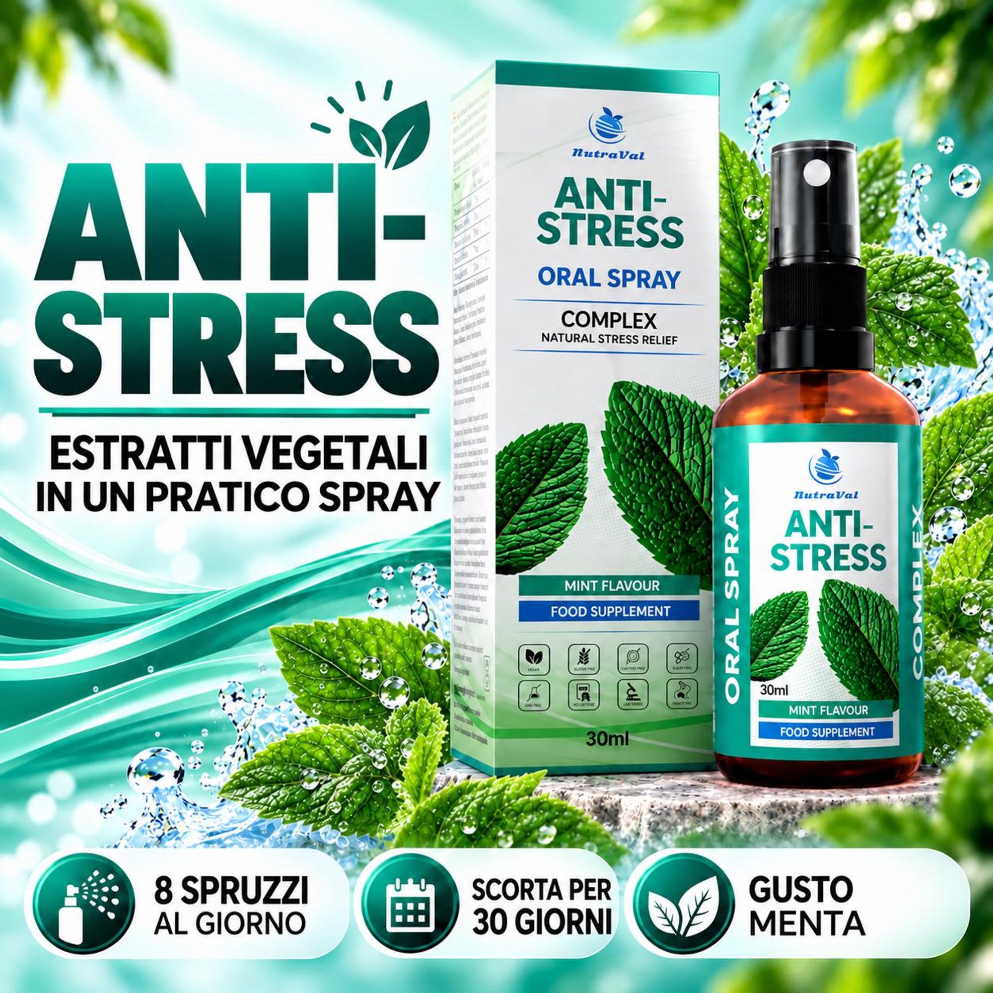 Spray Stress – Ashwagandha, Rodiola, Reishi e Schisandra – Riduzione del cortisolo & Resistenza allo stress – vegano, 30 ml - BEST BEFORE 10/2026