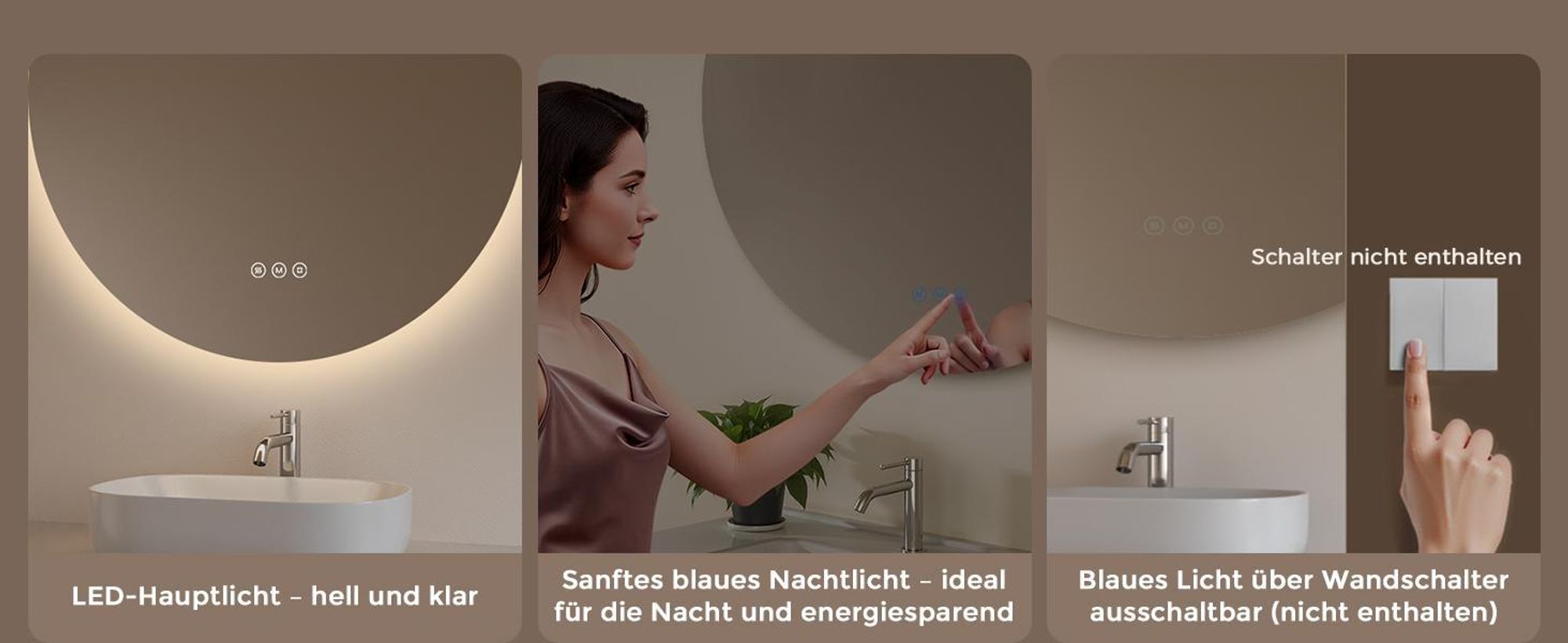 Badspiegel mit Beleuchtung Rund 60 cm, S'AFIELINA LED Spiegel, dimmbar, 3 Lichtfarben, Antibeschlag, Touch, Speicherfunktion, IP65,wasserdicht für Bad