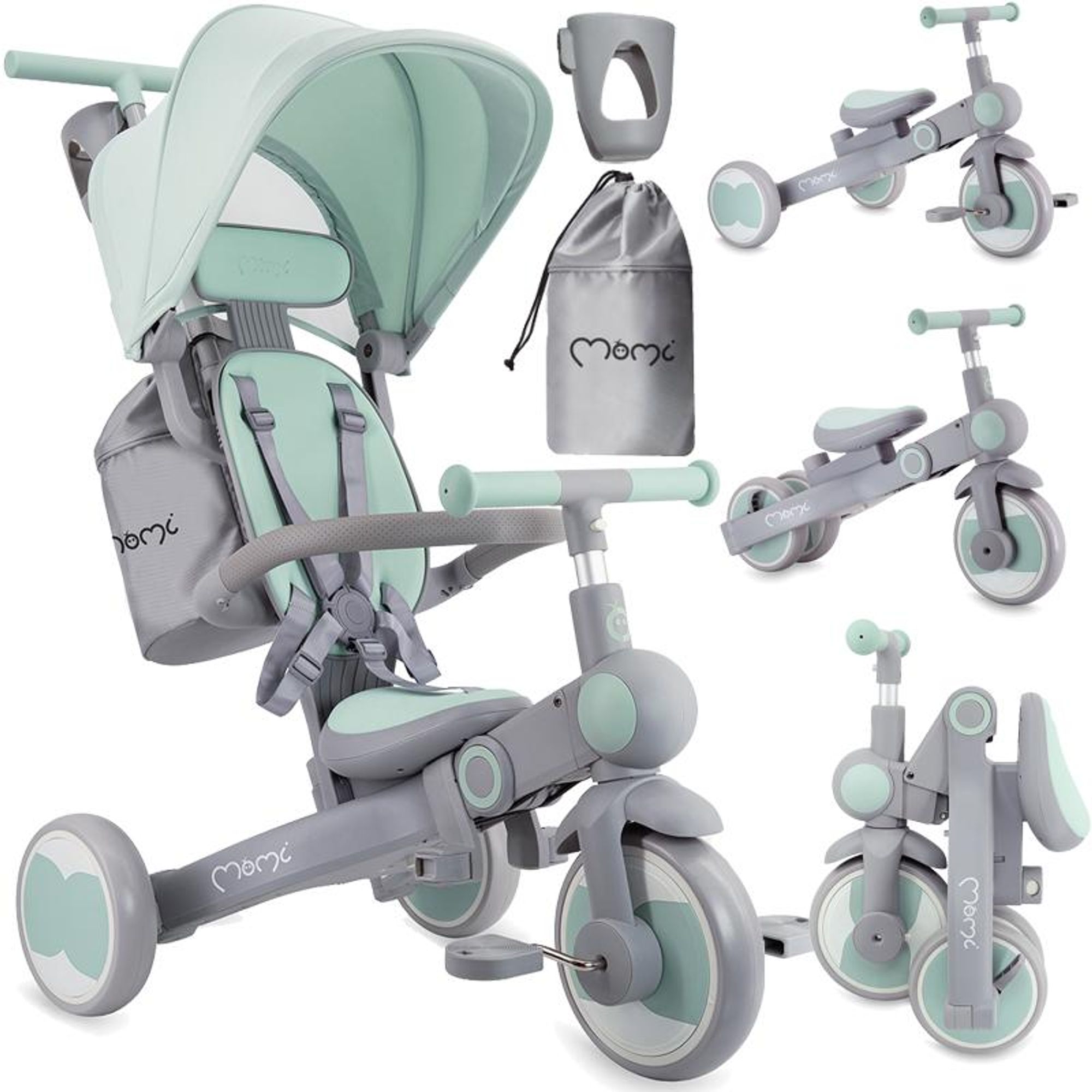 MoMi SOLIVIA – 4-in-1 Dreirad & Laufrad ab 12 Monaten, verstellbar, klappbar, mit Sicherheitsgurt, inkl. Tasche & Getränkehalter – Grün