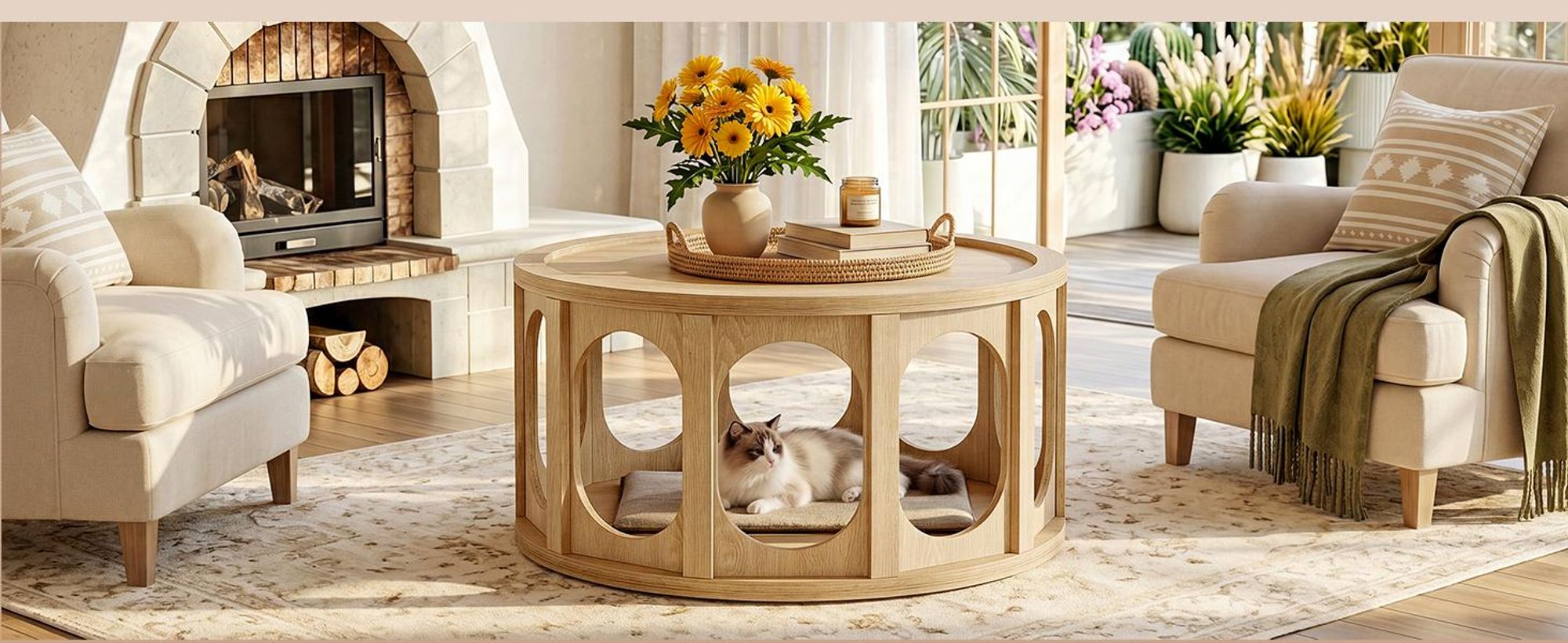 Tribesigns runder Couchtisch mit Stauraum, 2-in-1-Katzen-Couchtisch mit einzigartigem offenem Design, moderner Beistelltisch Wohnzimmer, 80 cm x 45 cm
